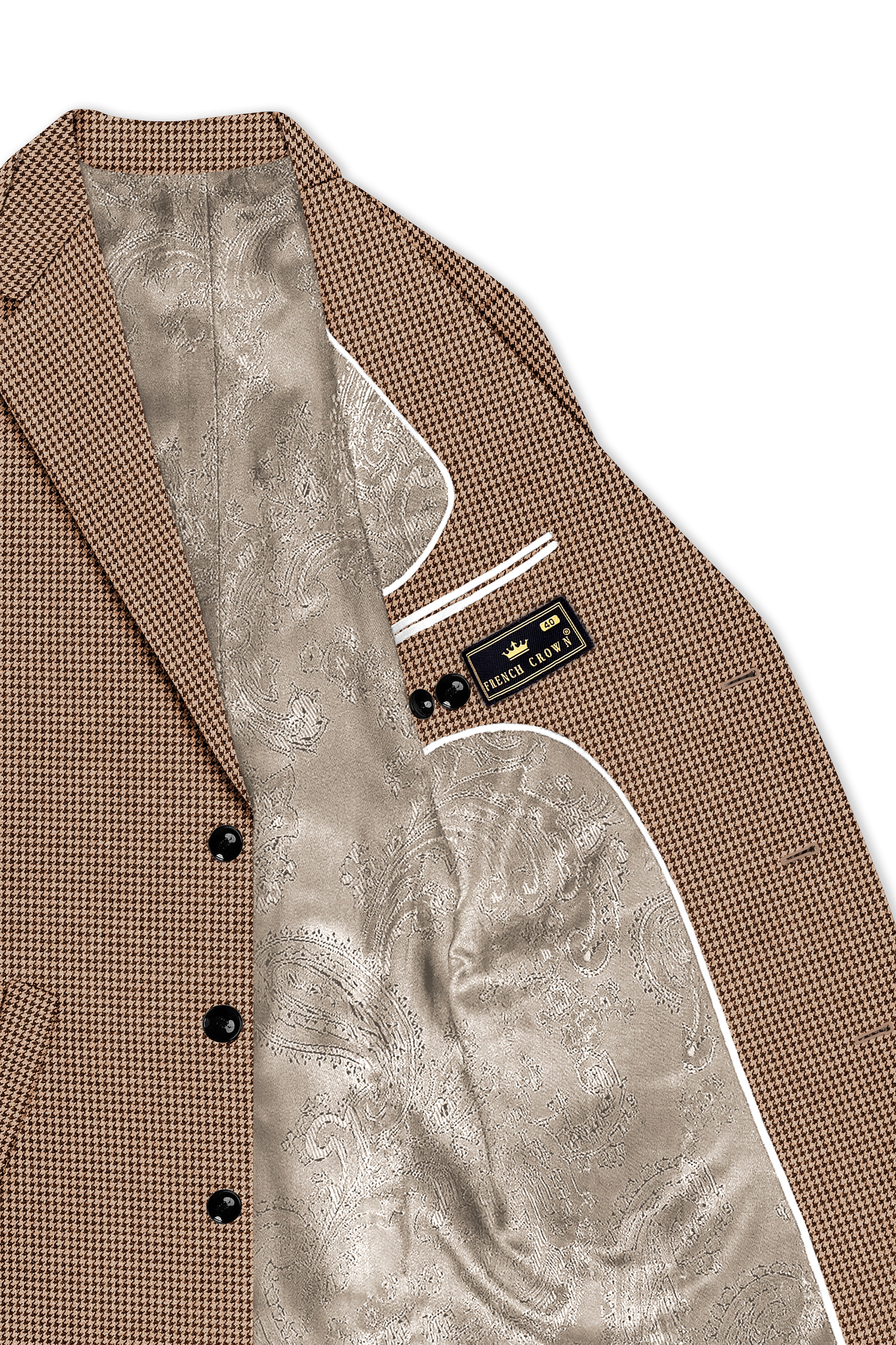 Scholar-Mocha Brown Classic Houndstooth Textured Tweed Single Breasted Overcoat