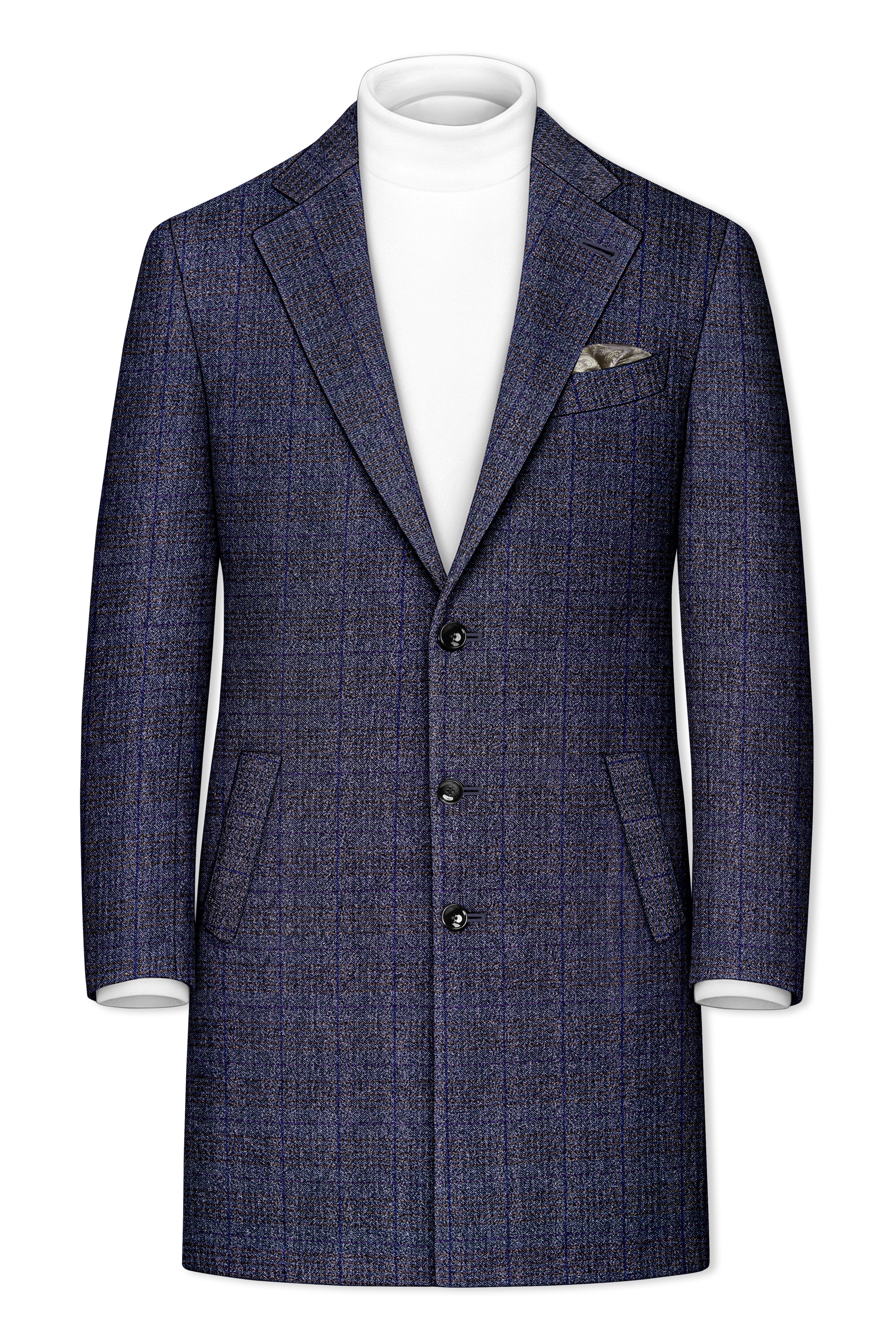 Horizon-Martinique Blue windowpane Tweed Single Breasted Overcoat