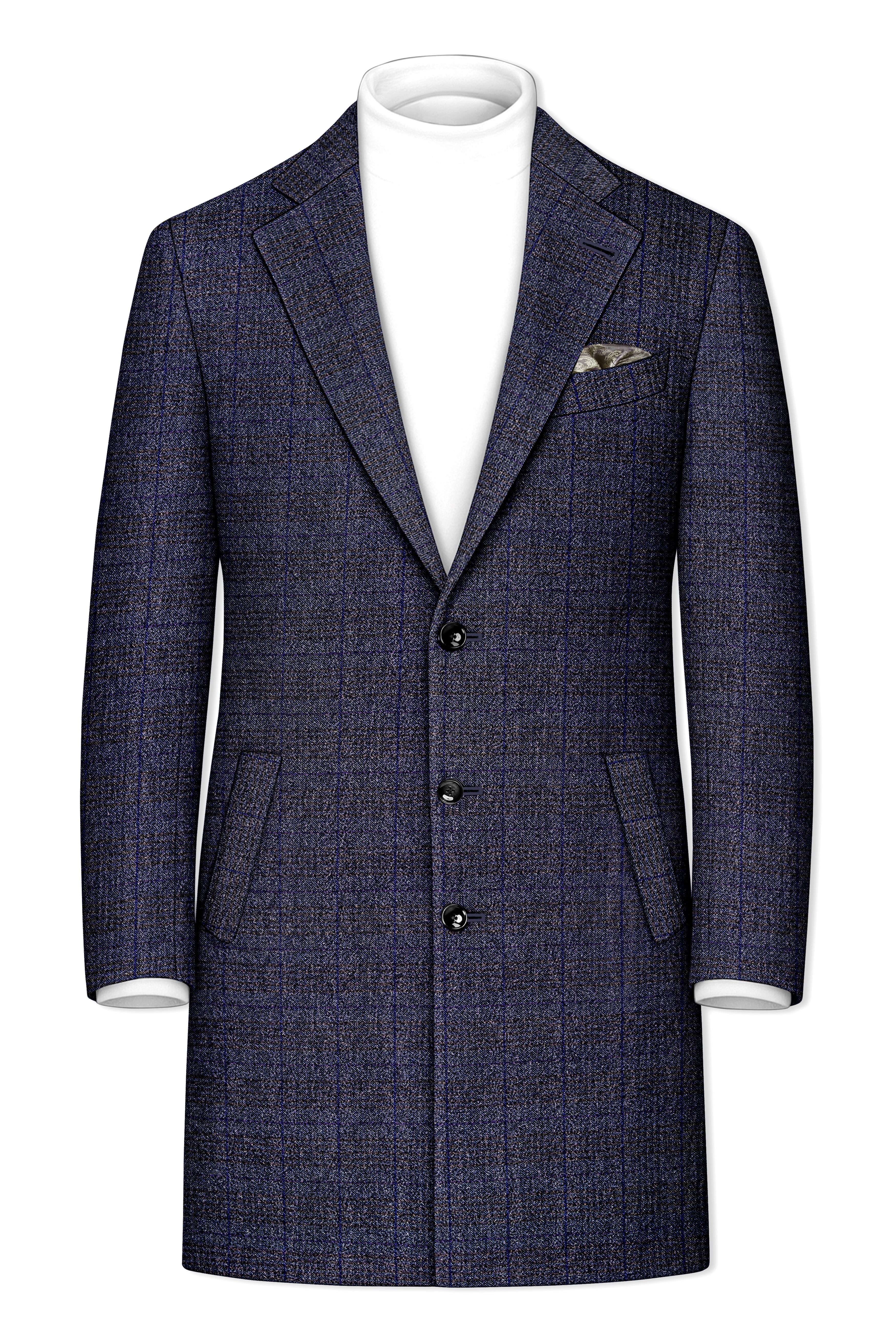 Horizon-Martinique Blue windowpane Tweed Single Breasted Overcoat