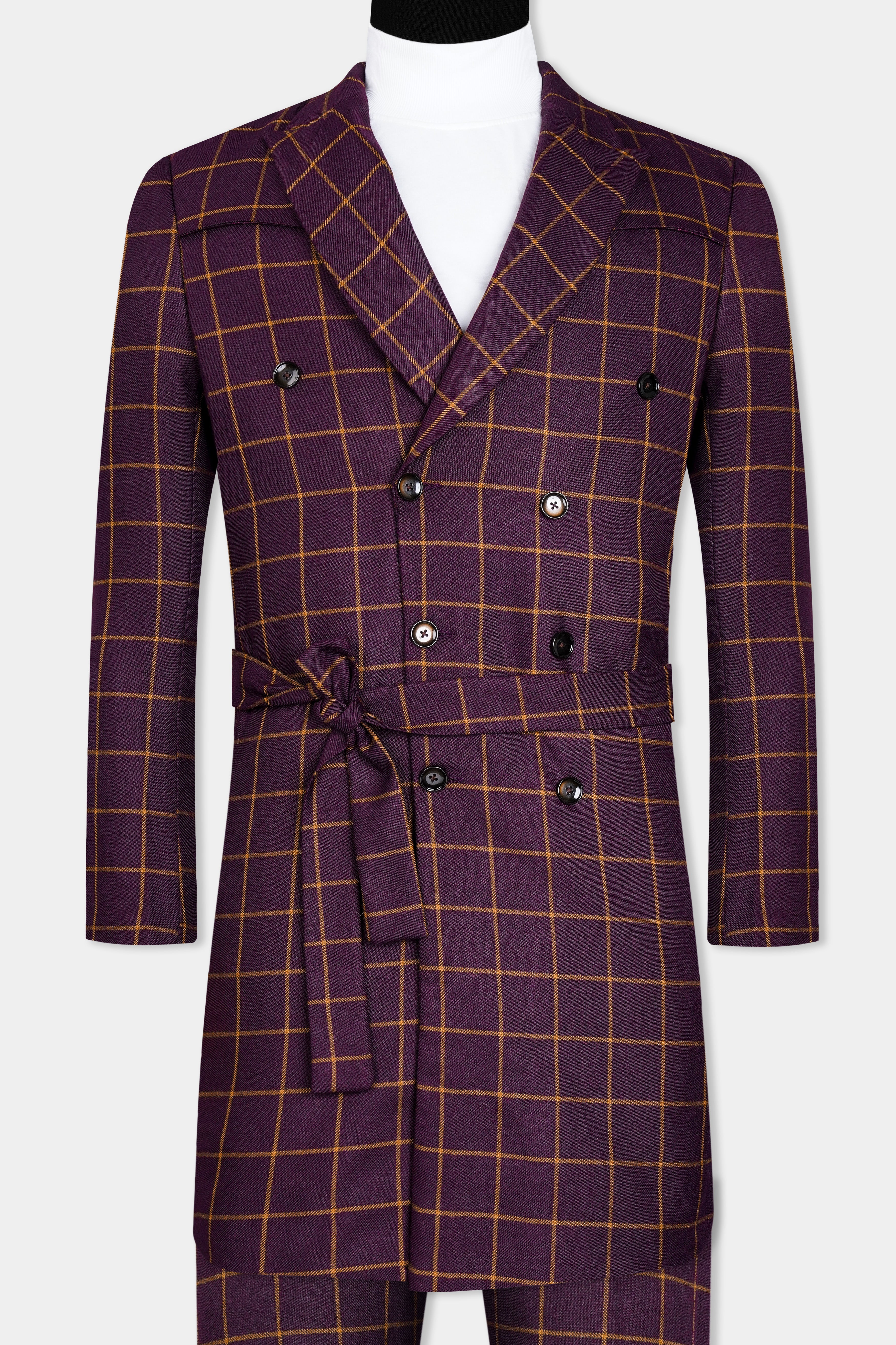 Eggplant Wine Windowpane Double Breasted Wool Rich Designer Trench Coat With Pant