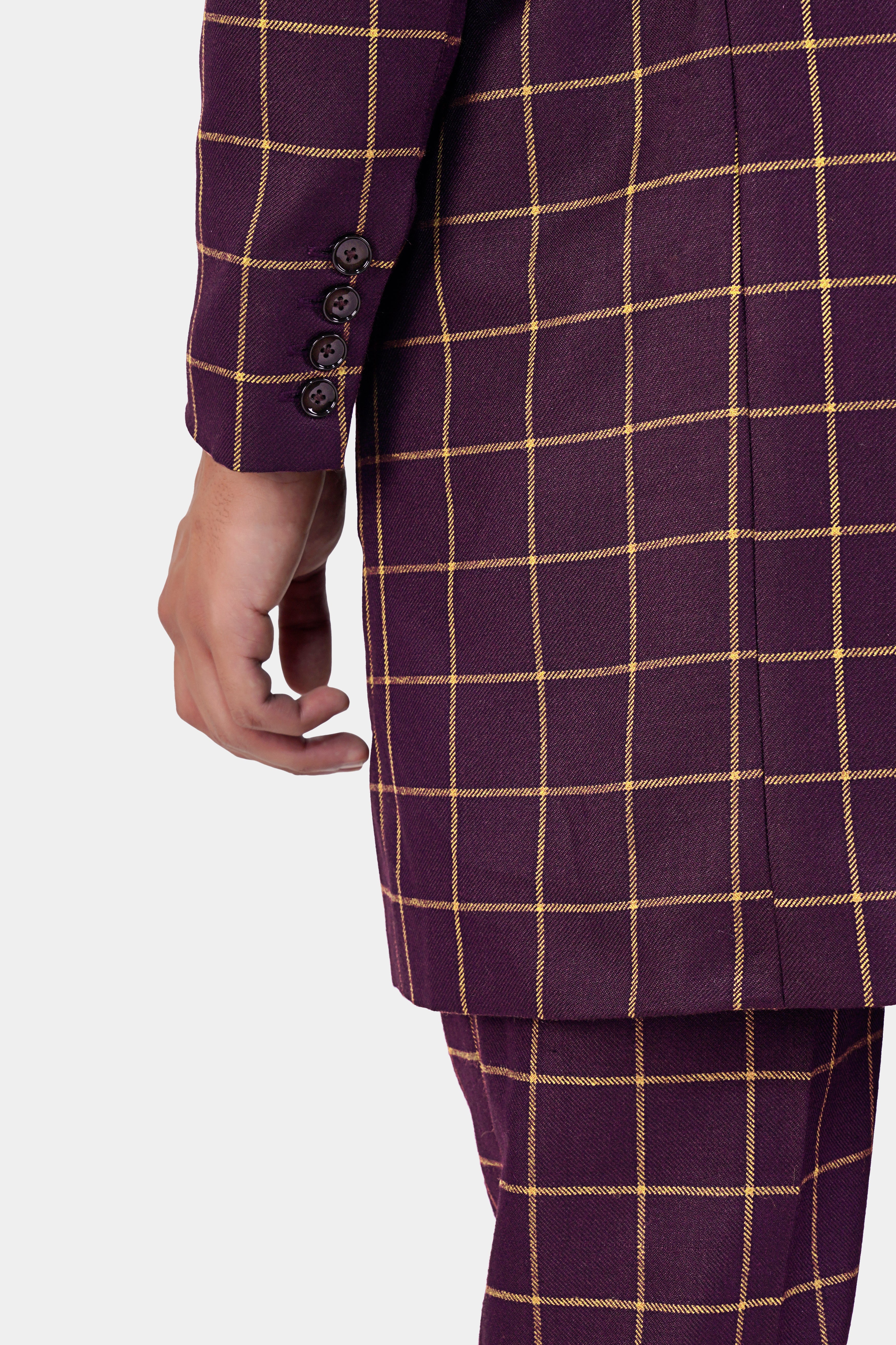 Eggplant Wine Windowpane Double Breasted Wool Rich Designer Trench Coat With Pant