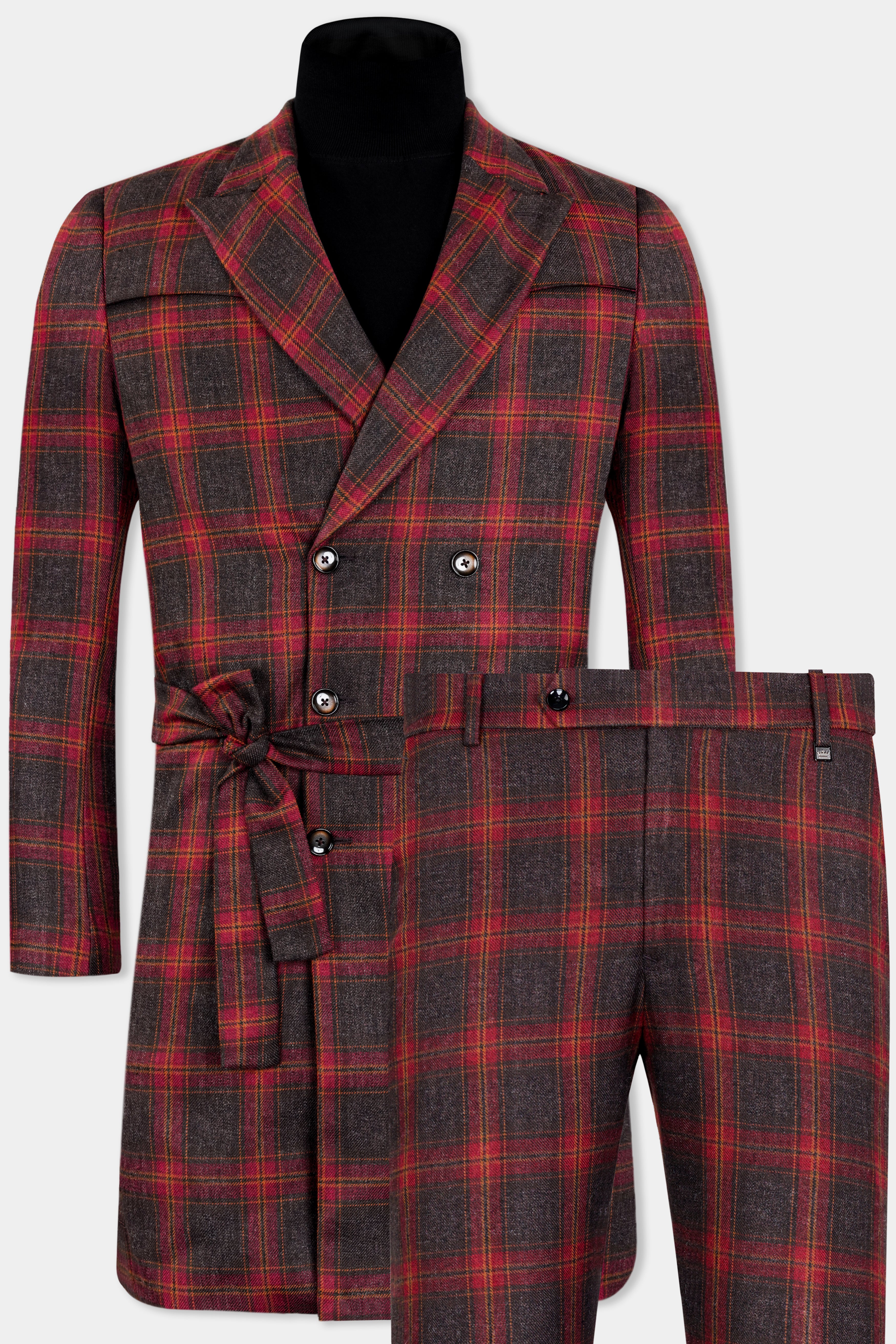 Claret Red and Walnut Brown Tweed Plaid Double Breasted Designer Trench Coat With Pant