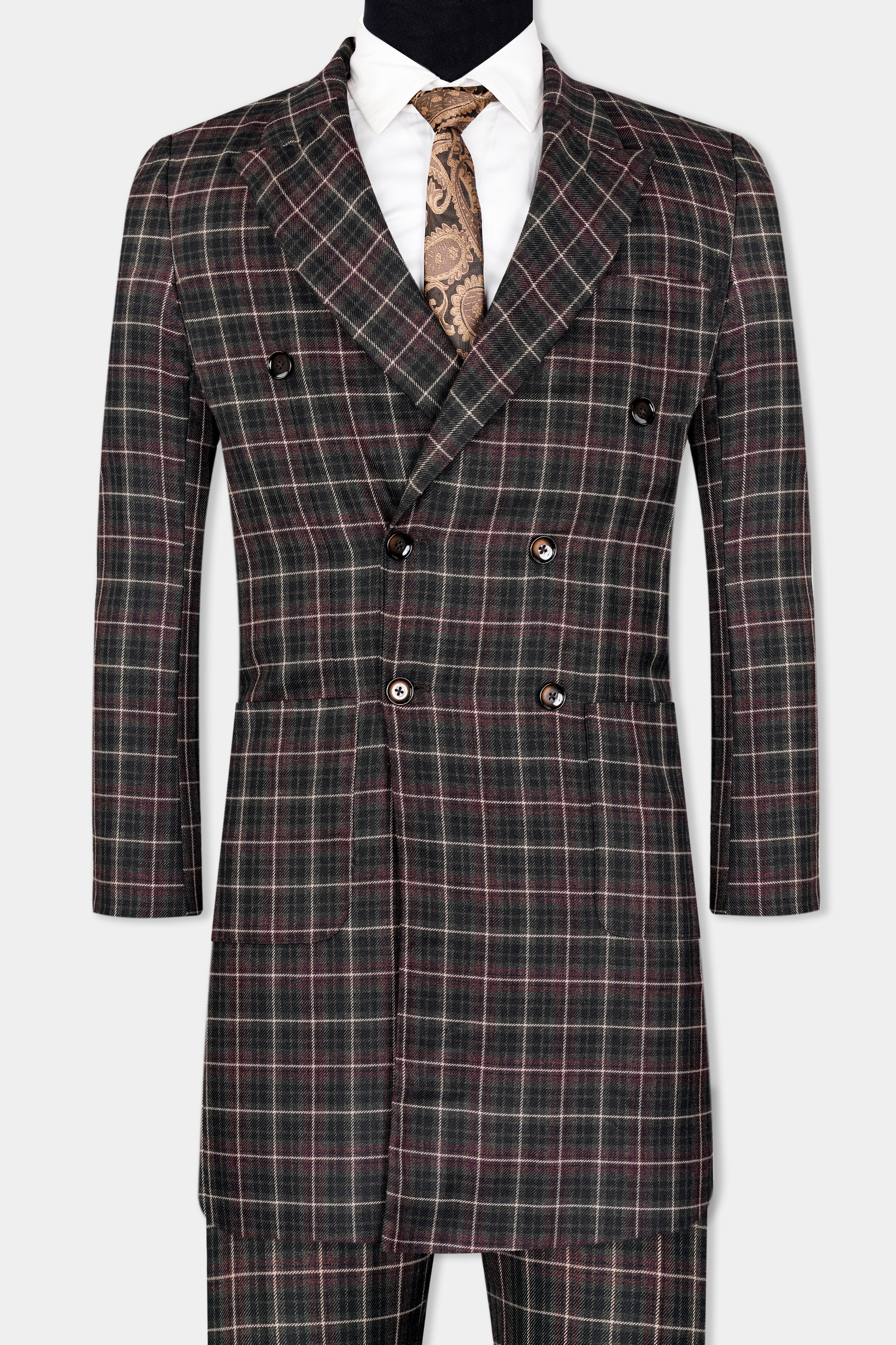 Fuscous Black and Rock Pink Plaid Tweed Double Breasted Trench Coat With Pant