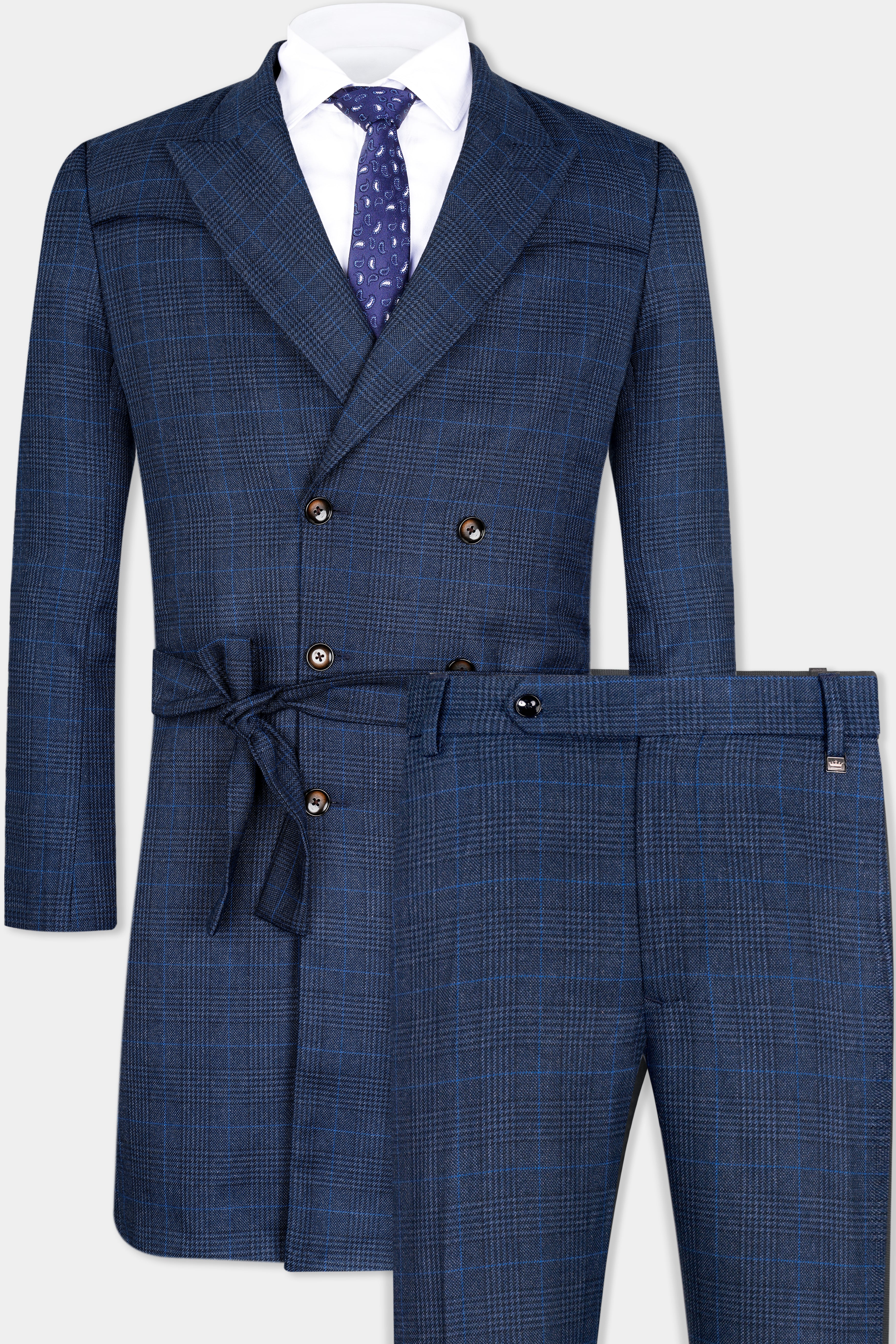 Tuna Gray with Cloud Burst Blue Tweed Plaid Trench Coat With Pant