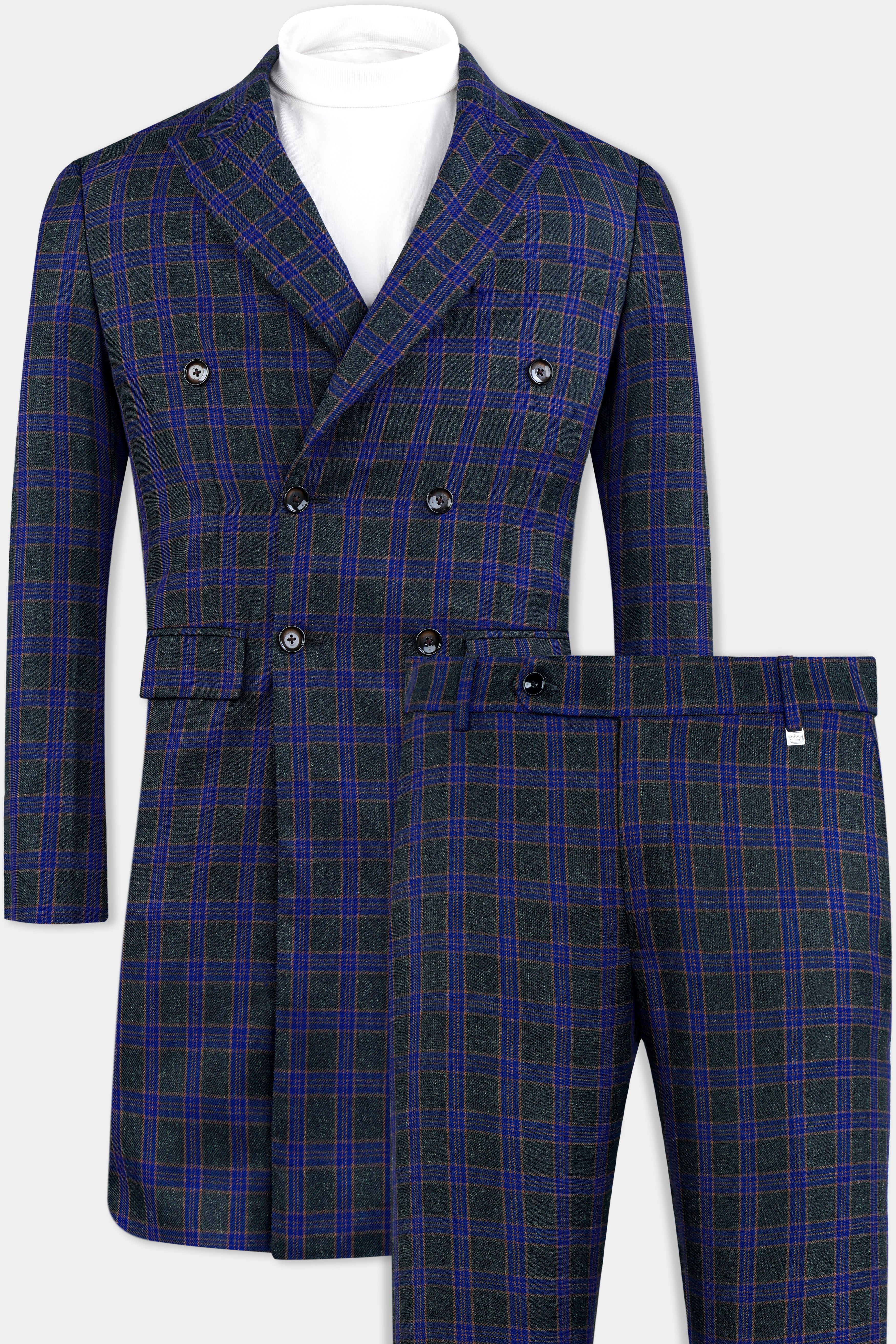 Zodiac Blue and Piano Black Plaid Tweed Double Breasted Trench Coat With Pant