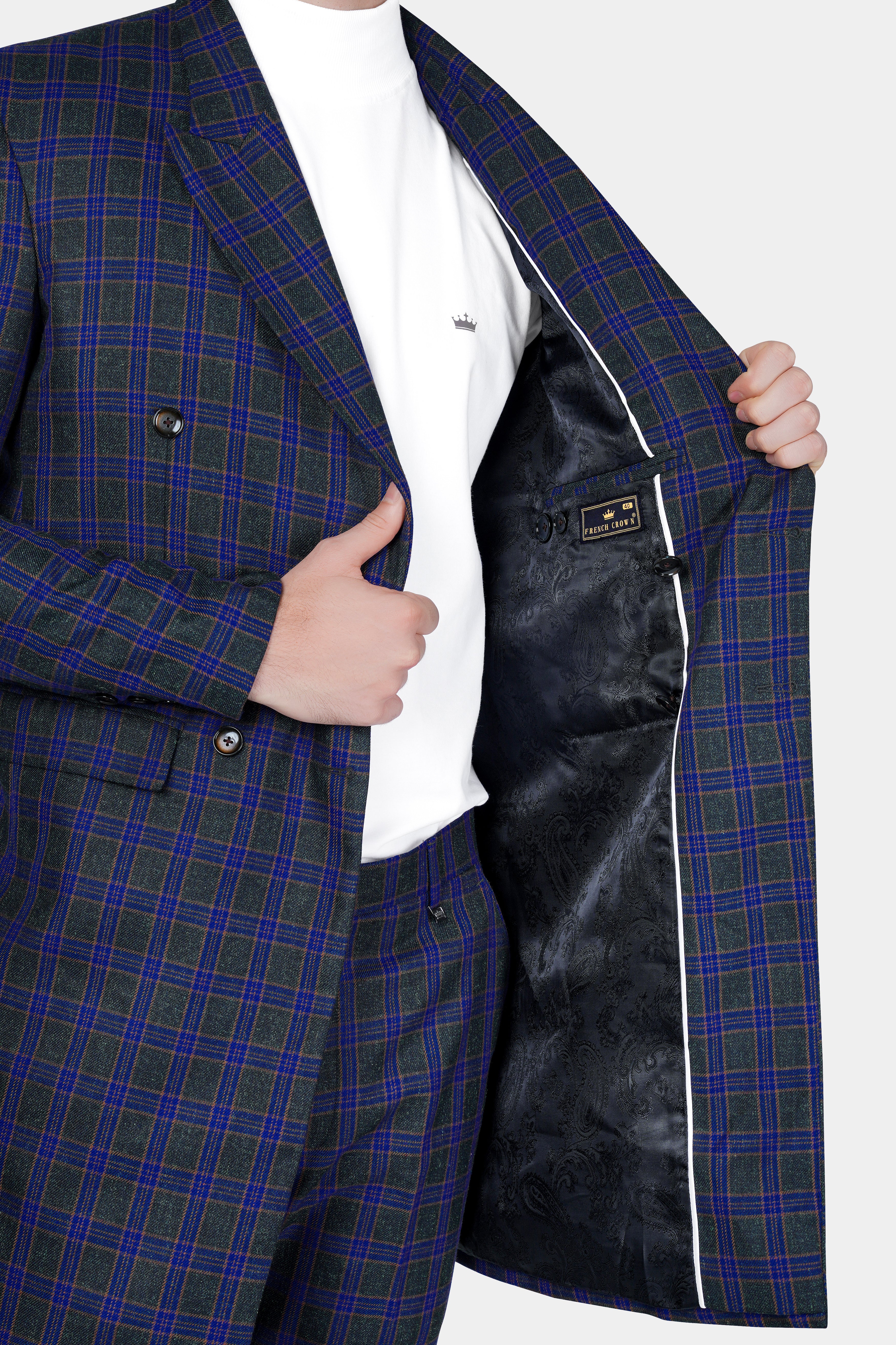 Zodiac Blue and Piano Black Plaid Tweed Double Breasted Trench Coat With Pant