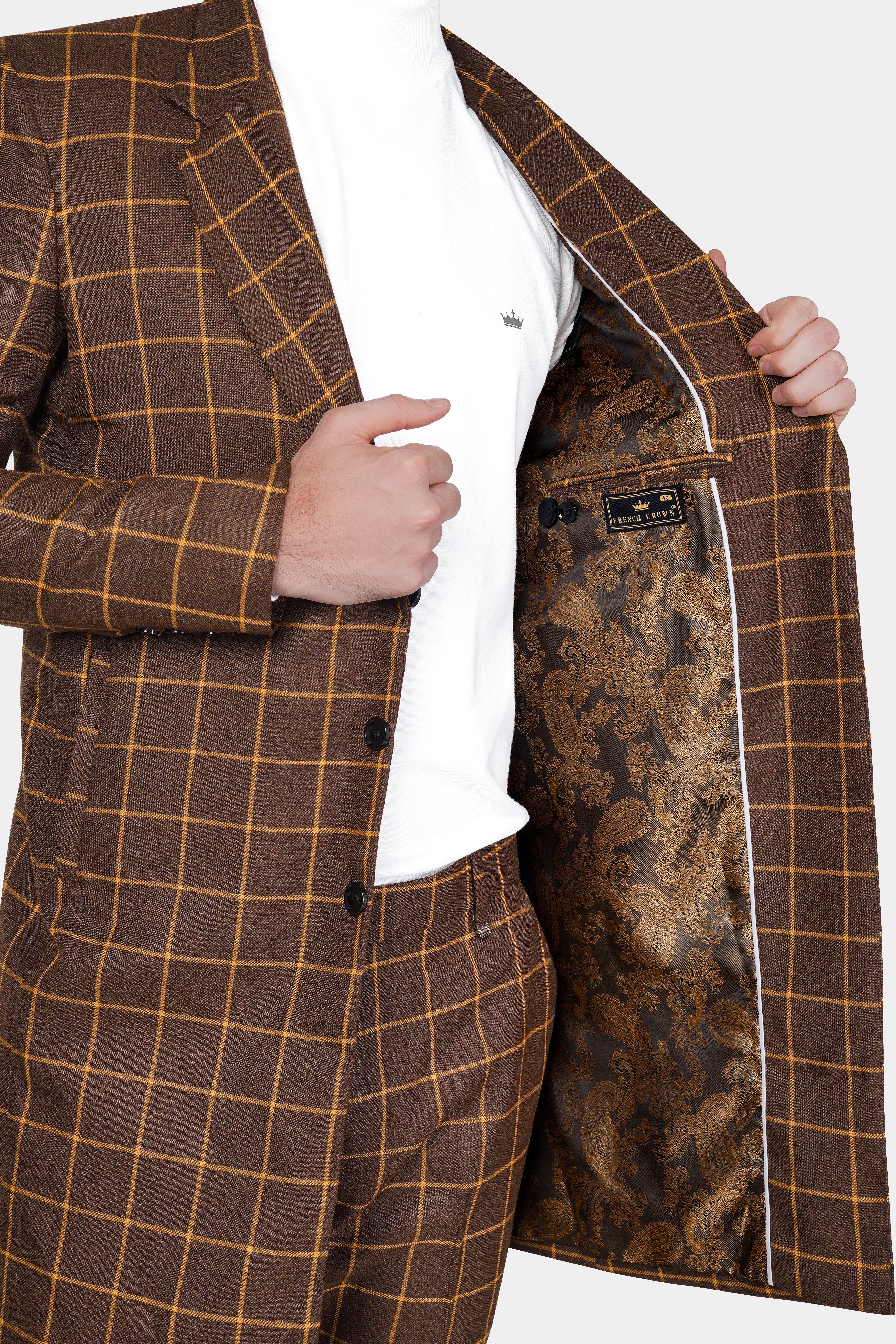 Eclipse Brown Windowpane Tweed Trench Coat With Pant