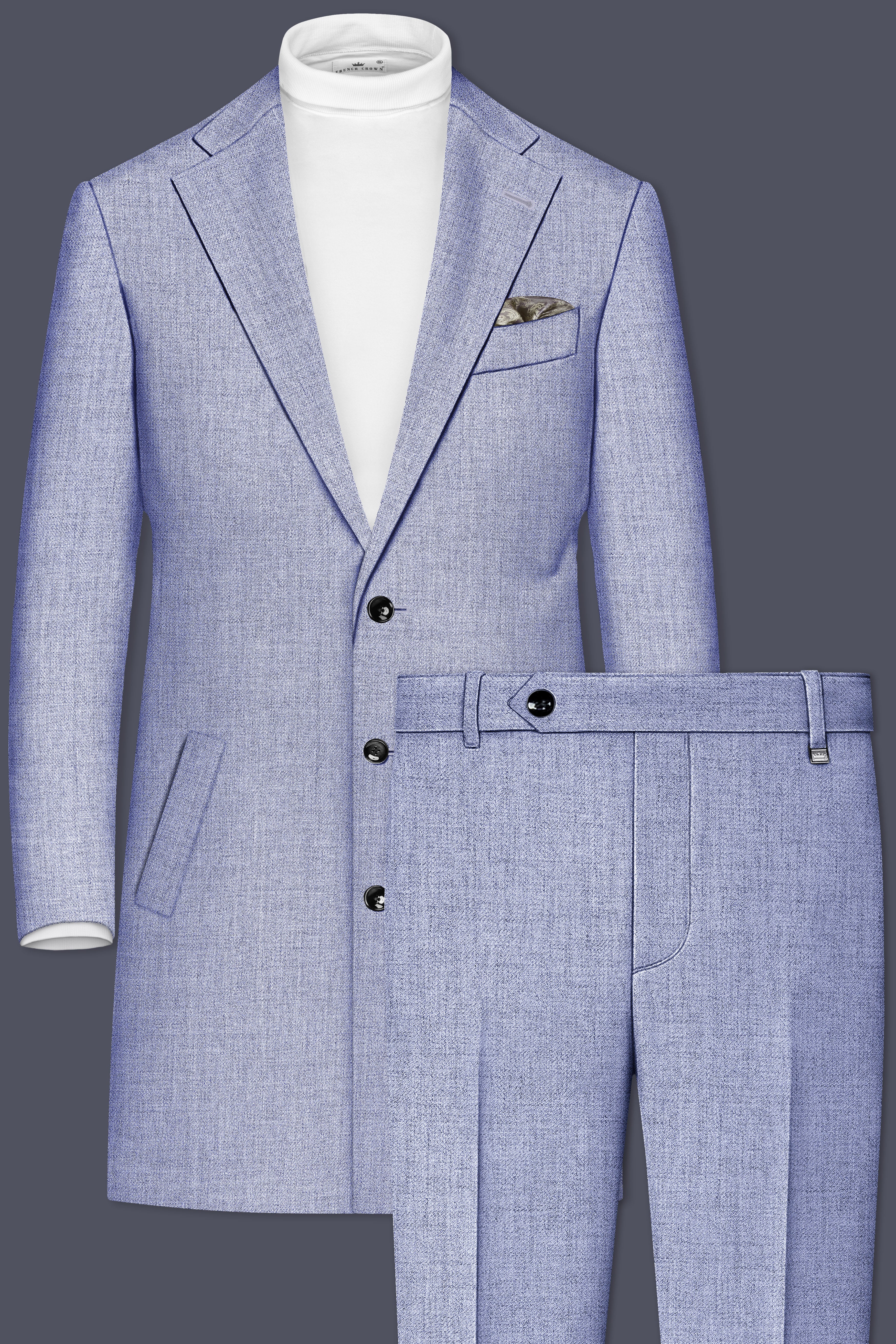 Nordic-Logan Blue Textured Tweed Single Breasted Trench Coat With Pant