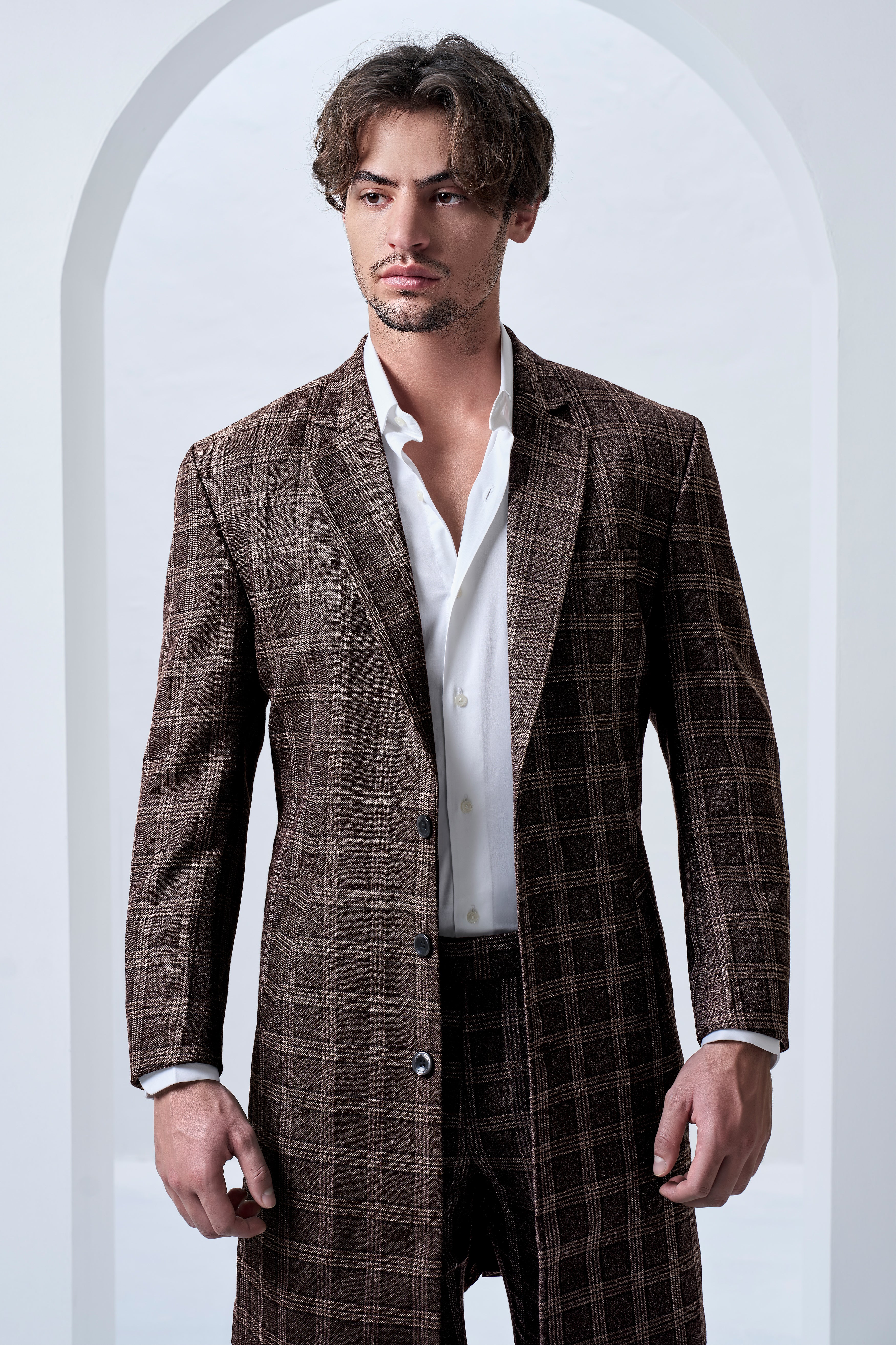 Eclenzo-Eclipse Brown Plaid Tweed Single Breasted Overcoat With Pant