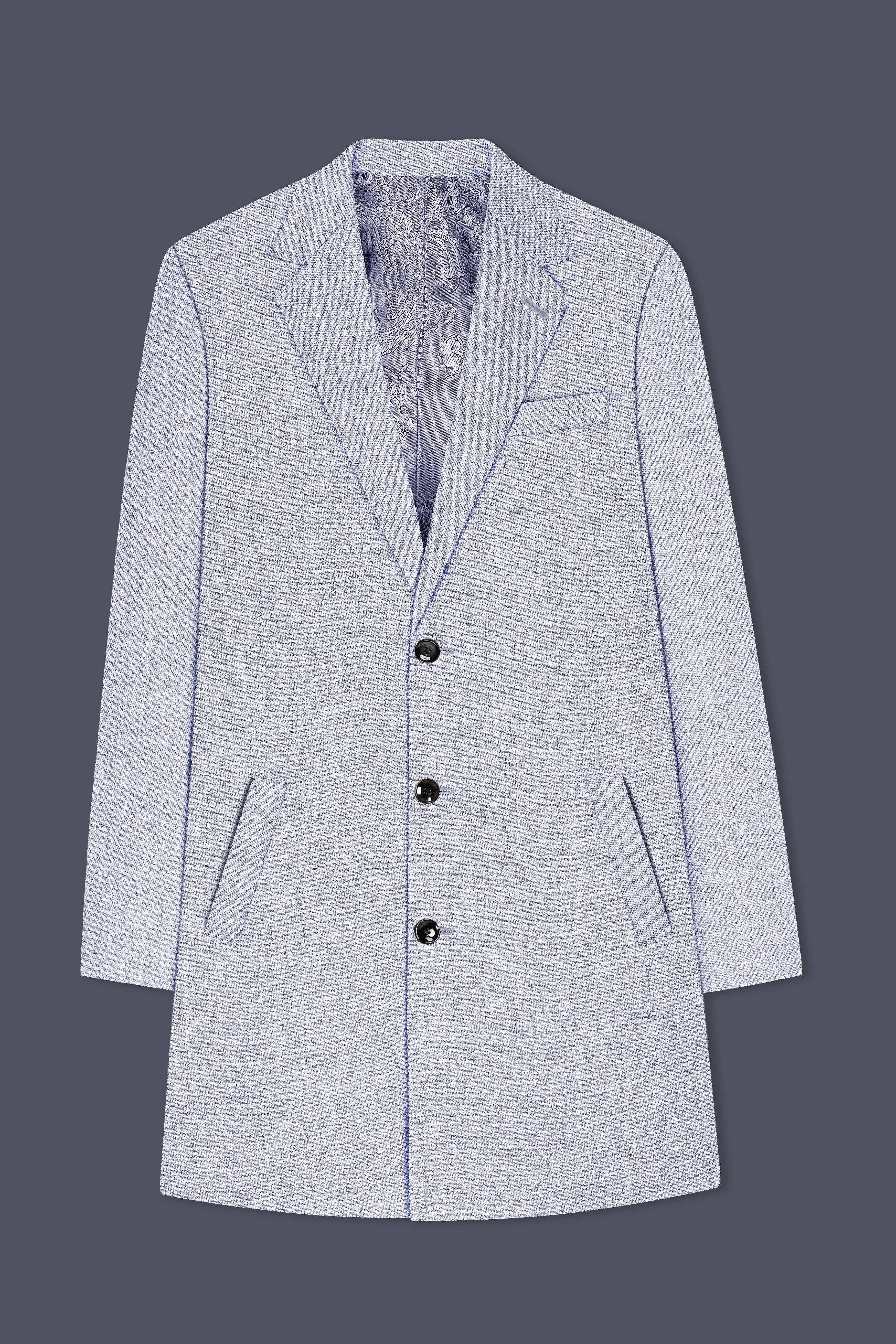 Celestia-Frosted Lilac Blue Textured Tweed Single Breasted Trench Coat With Pant