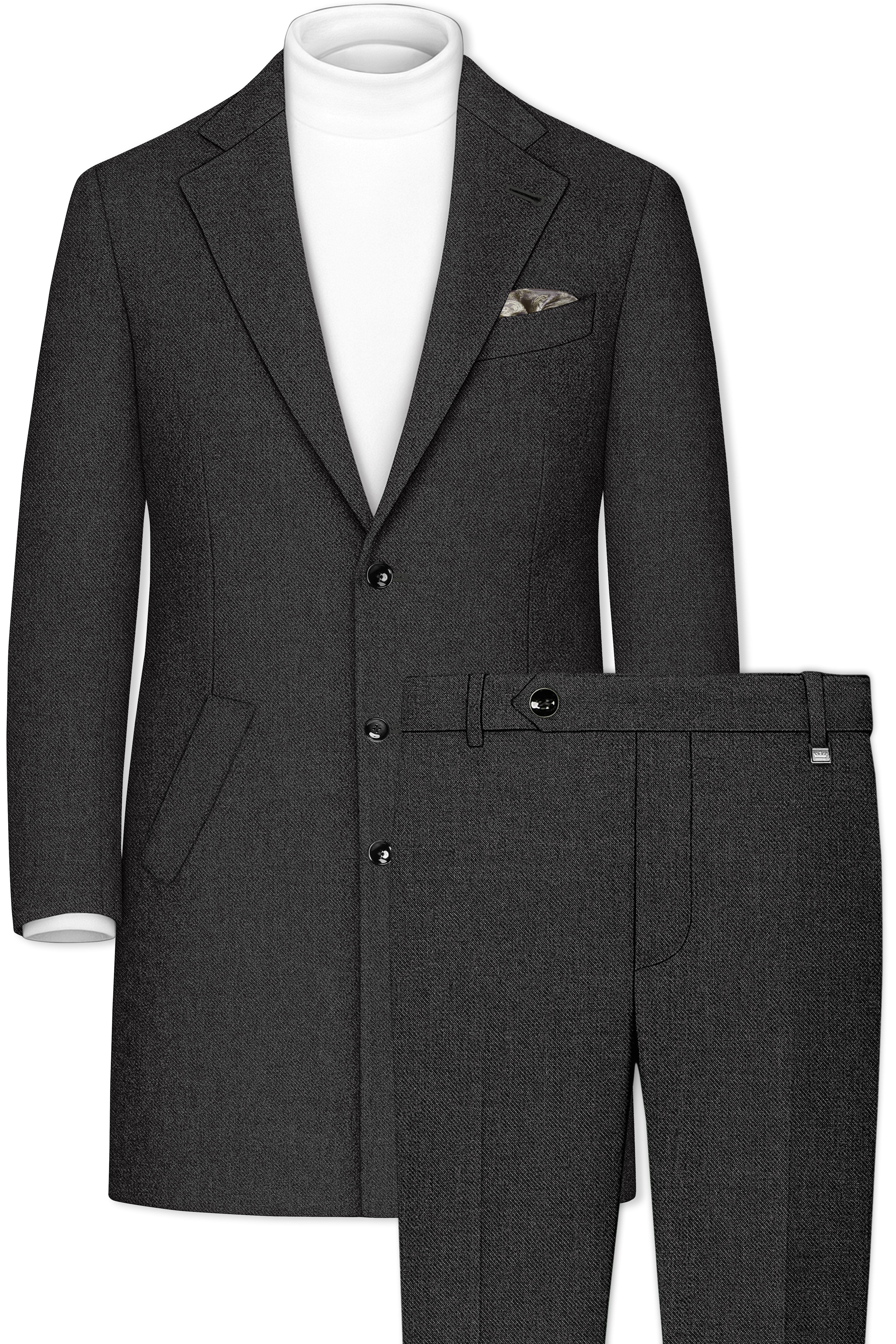 Metallo-Gunmetal Gray Textured Tweed Single Breasted Overcoat With Pant