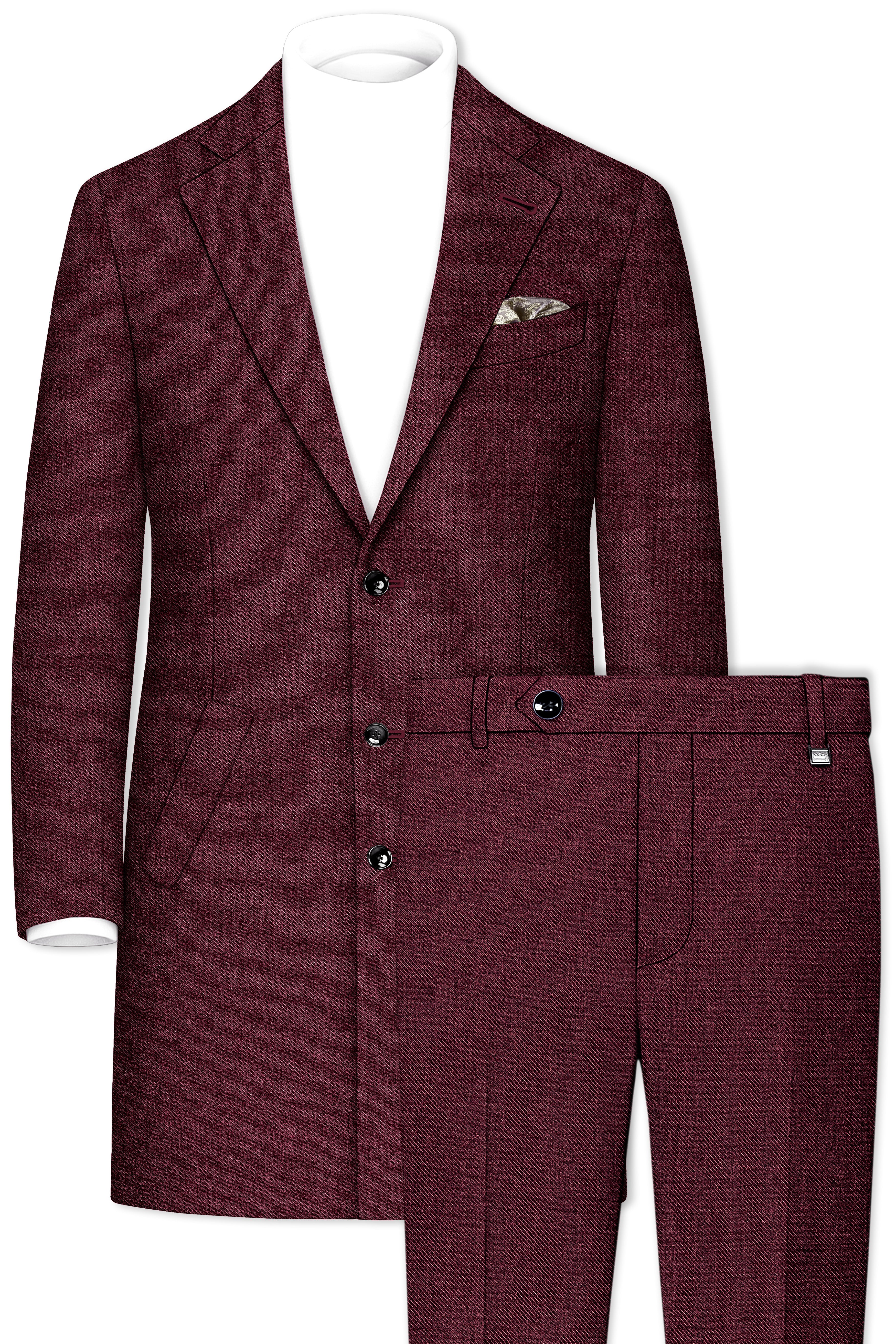 Burgvoro-Crated Maroon Textured Tweed Single Breasted Overcoat With Pant