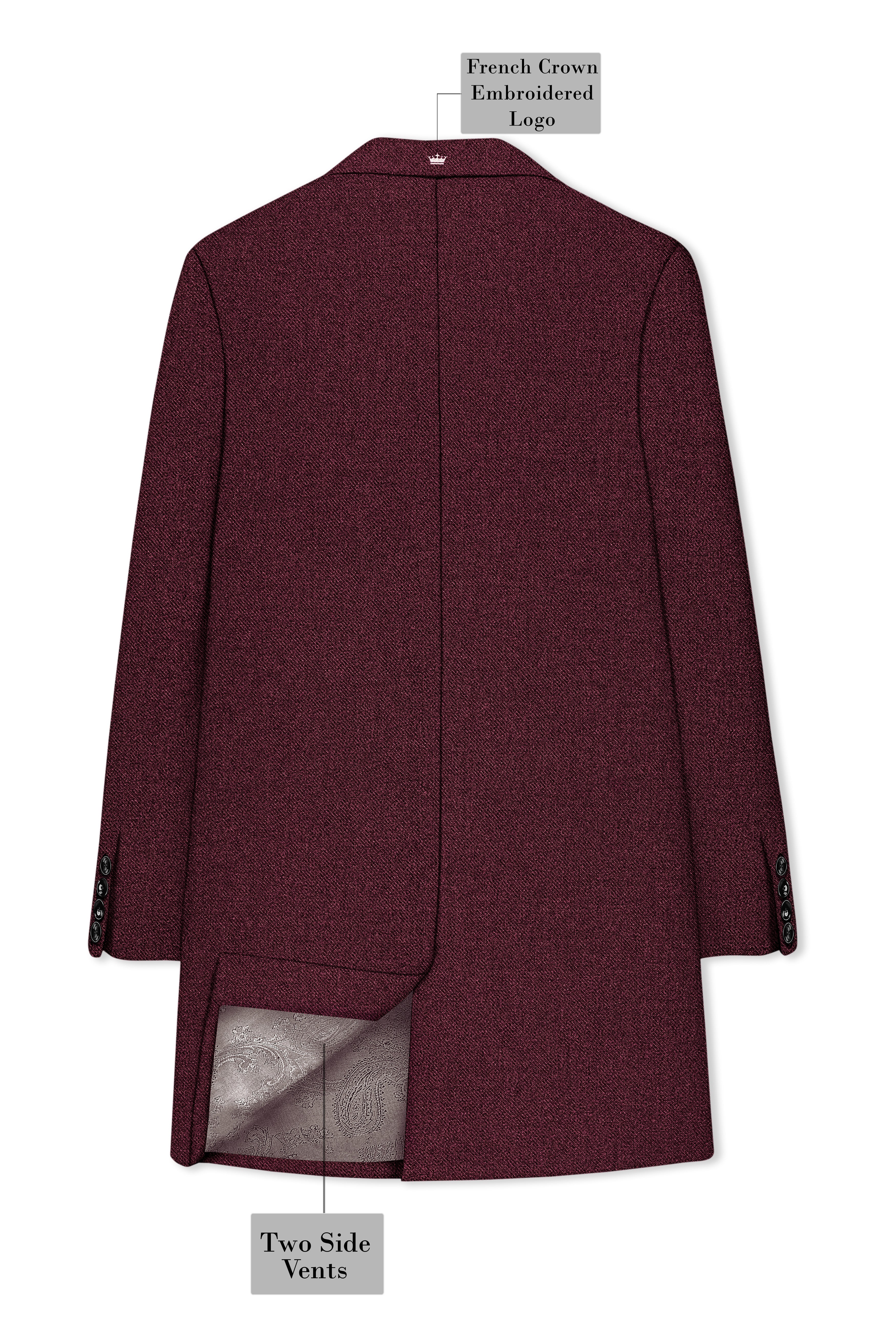 Burgvoro-Crated Maroon Textured Tweed Single Breasted Overcoat With Pant
