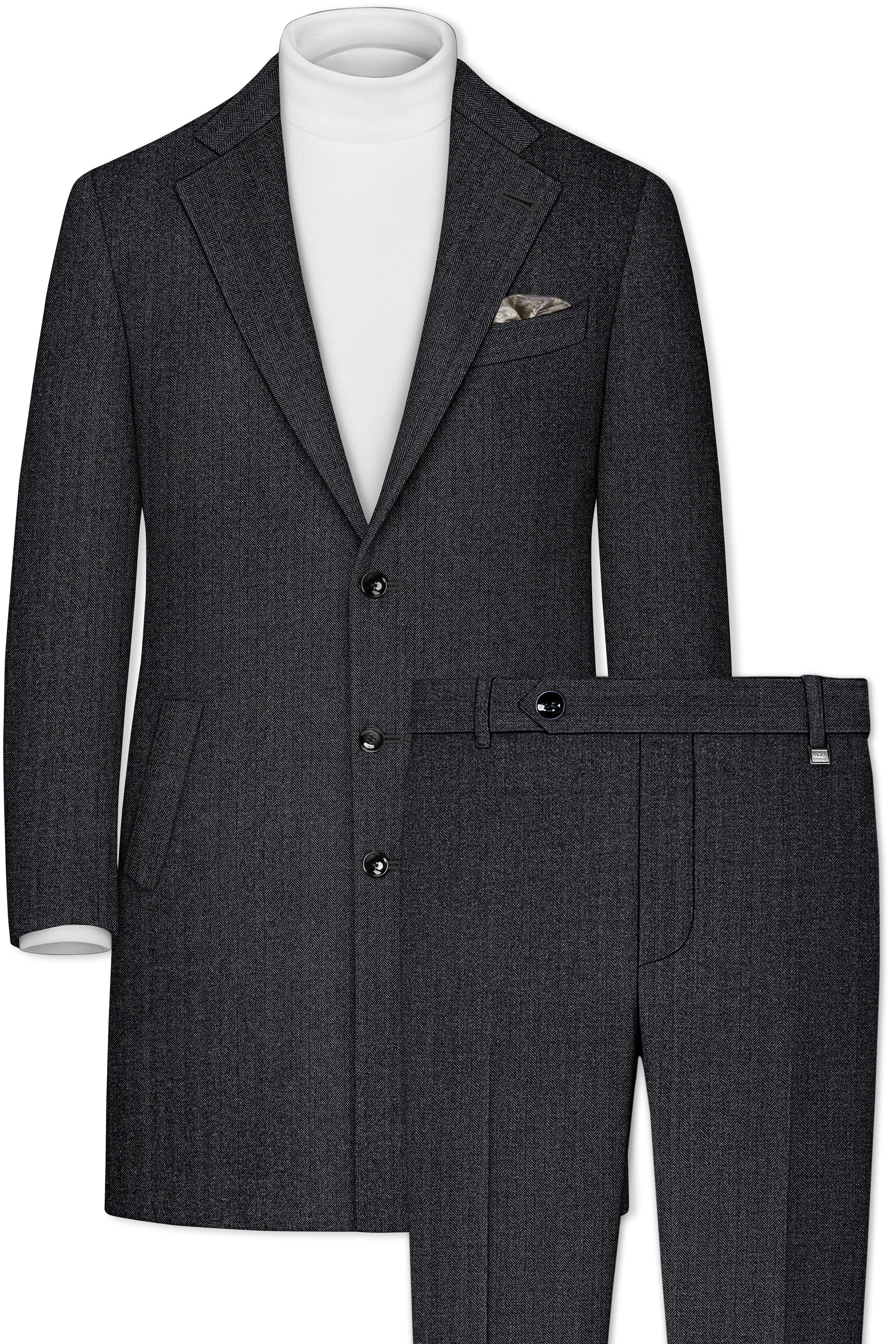 Imperion-Charcoal Gray Herringbone Textured Tweed Single Breasted Overcoat With Pant
