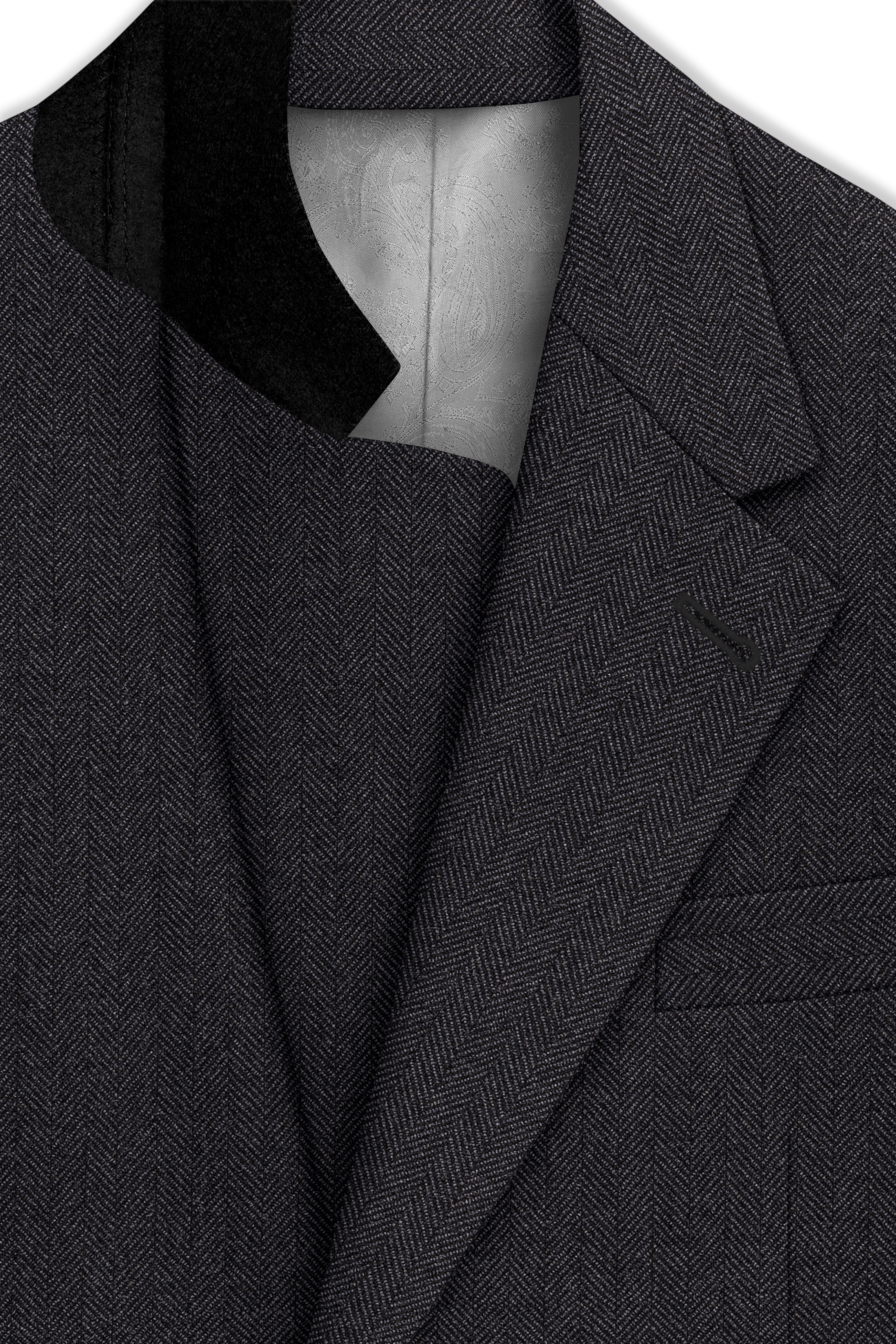 Imperion-Charcoal Gray Herringbone Textured Tweed Single Breasted Overcoat With Pant