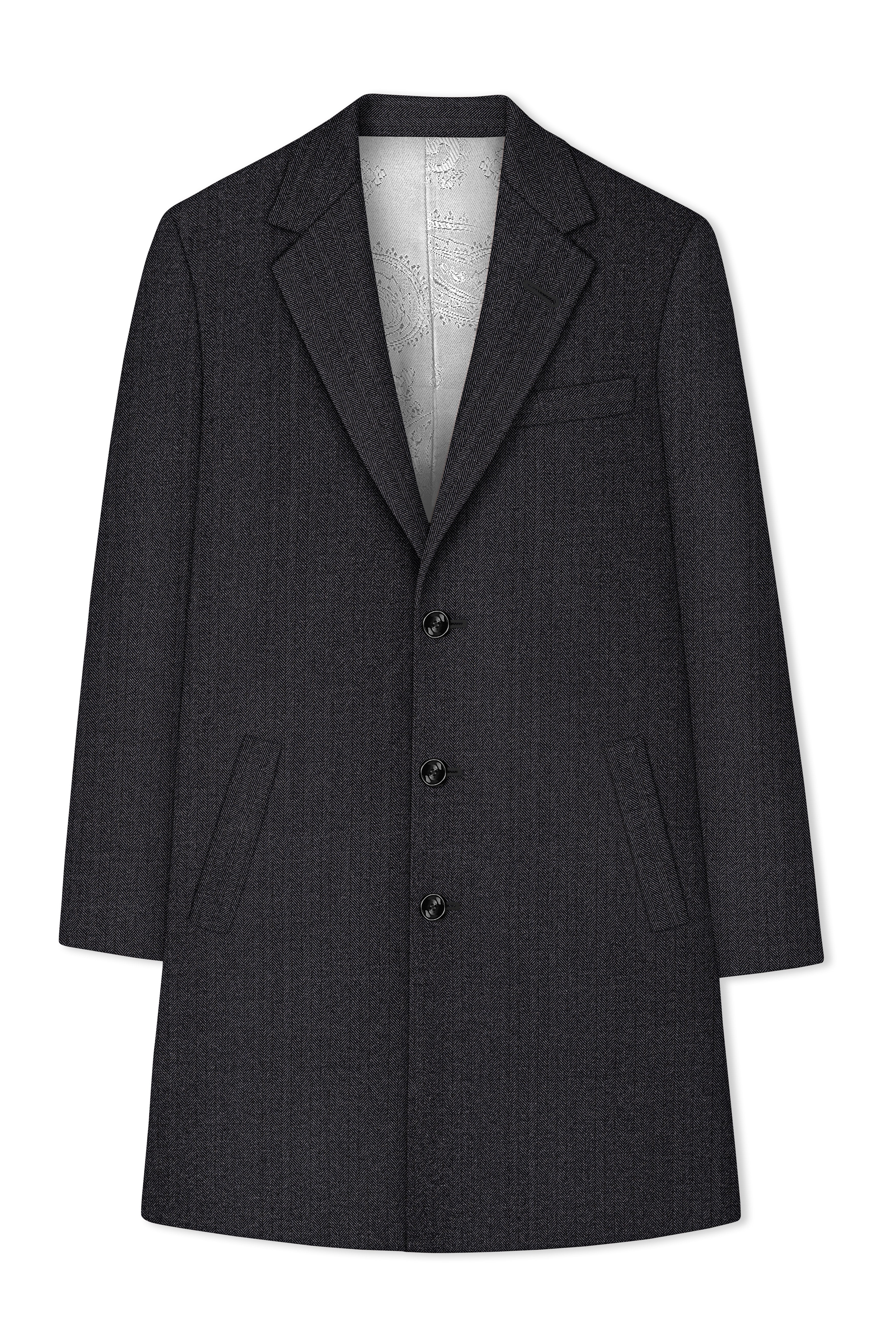 Imperion-Charcoal Gray Herringbone Textured Tweed Single Breasted Overcoat With Pant