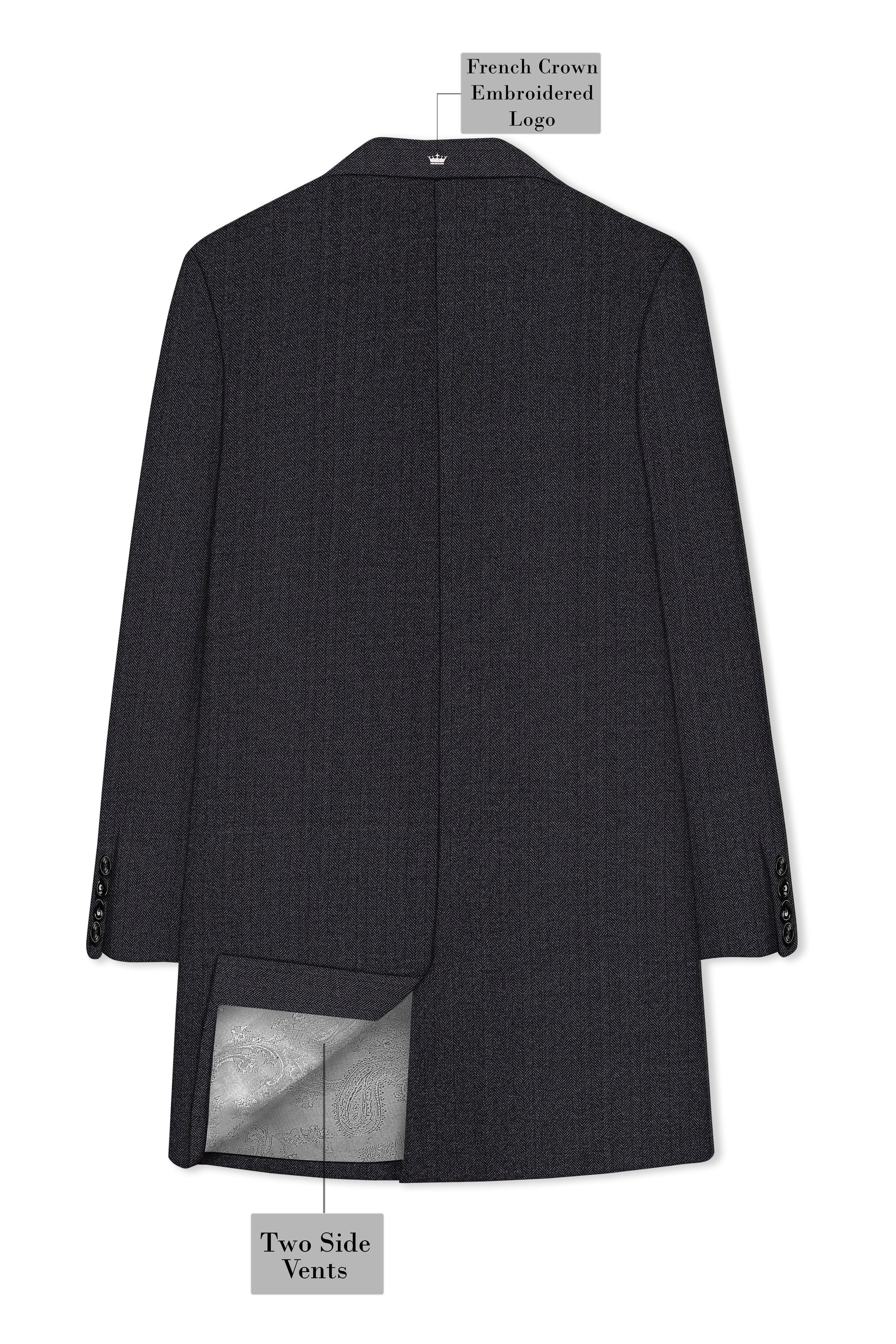 Imperion-Charcoal Gray Herringbone Textured Tweed Single Breasted Overcoat With Pant