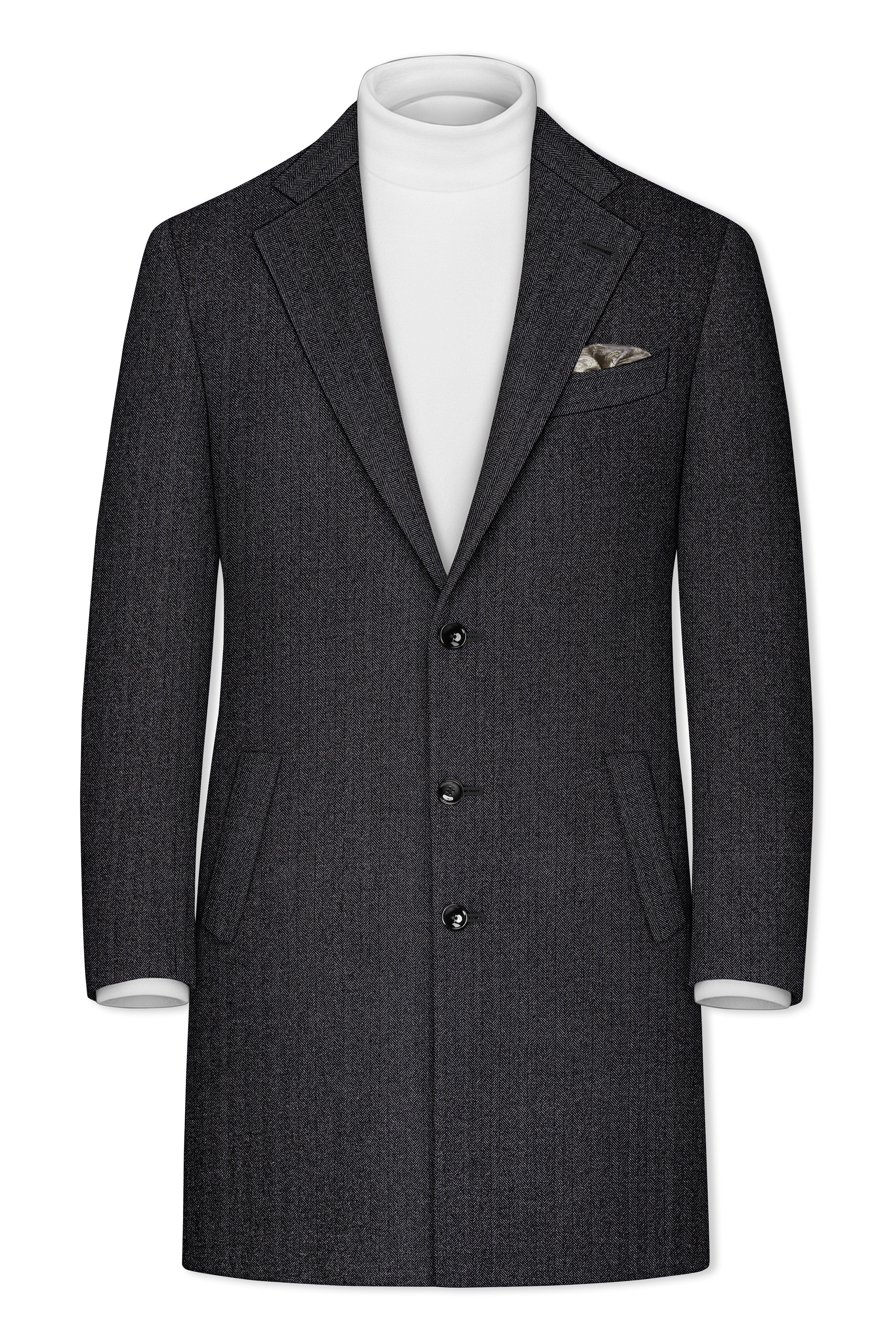 Imperion-Charcoal Gray Herringbone Textured Tweed Single Breasted Overcoat With Pant