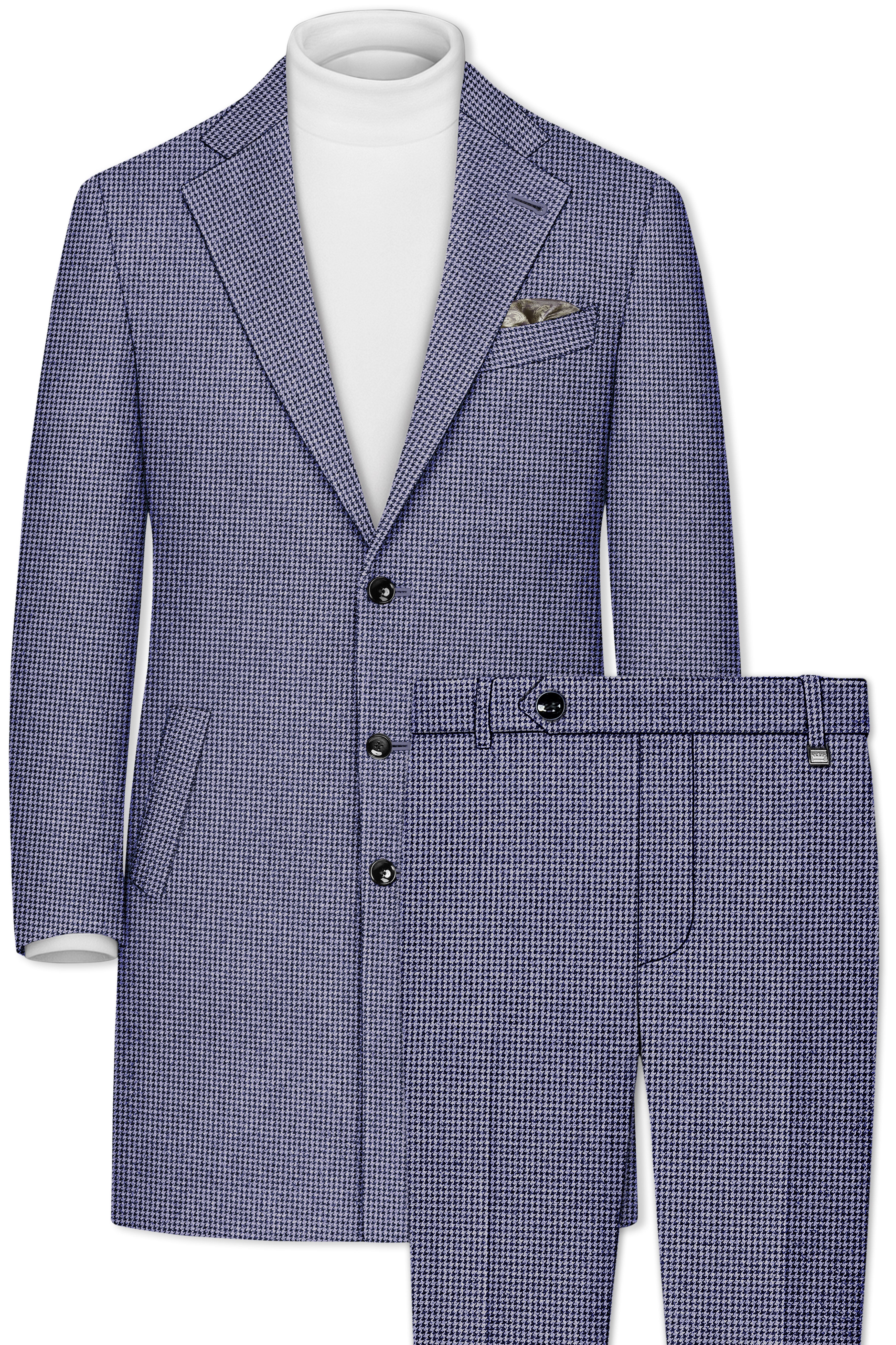 Dusk-Mulled Blue Classic Houndstooth Textured Tweed Single Breasted Overcoat With Pant