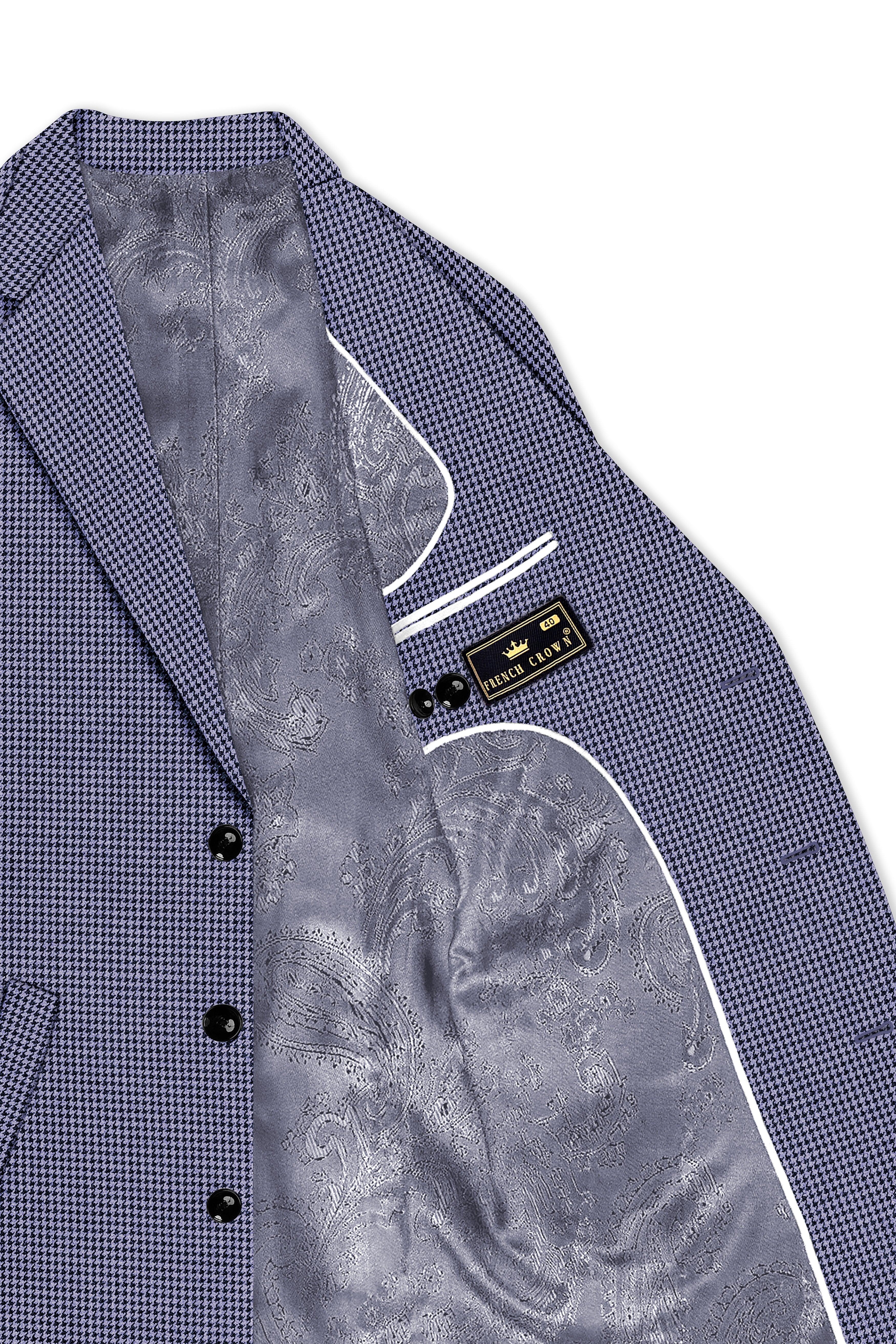 Dusk-Mulled Blue Classic Houndstooth Textured Tweed Single Breasted Overcoat With Pant