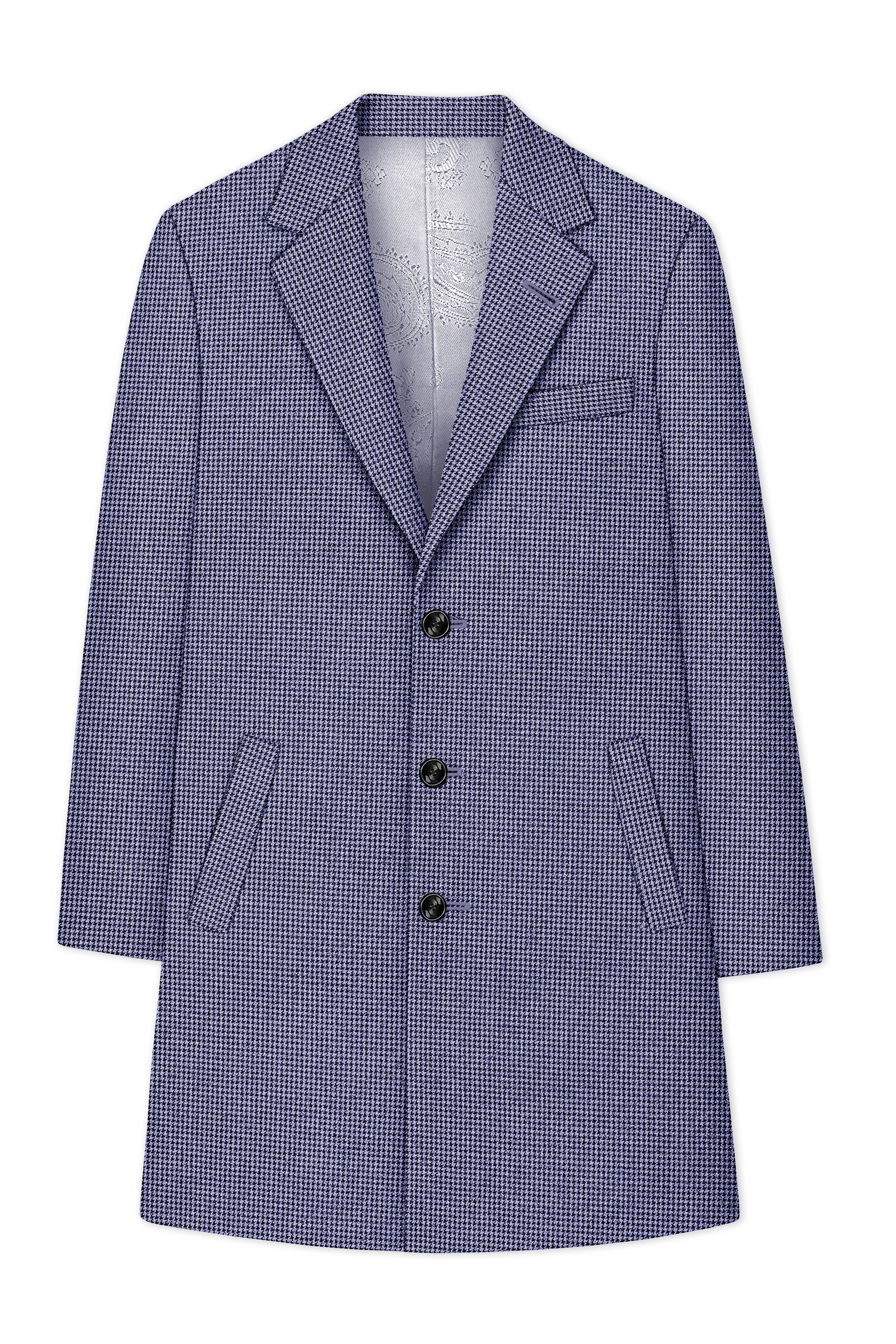 Dusk-Mulled Blue Classic Houndstooth Textured Tweed Single Breasted Overcoat With Pant