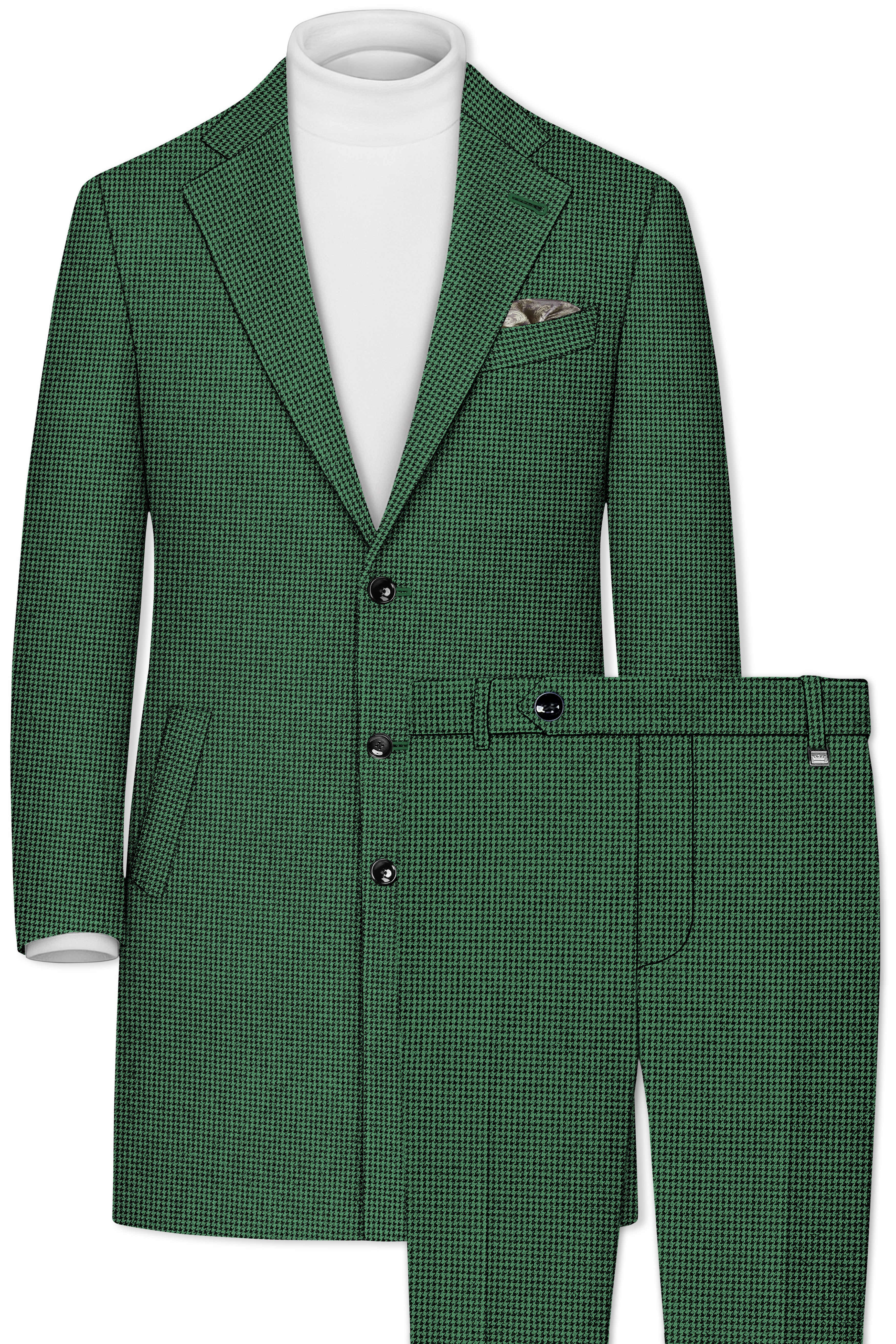 Regent-Plantation Green Classic Houndstooth Textured Tweed Single Breasted Overcoat With Pant