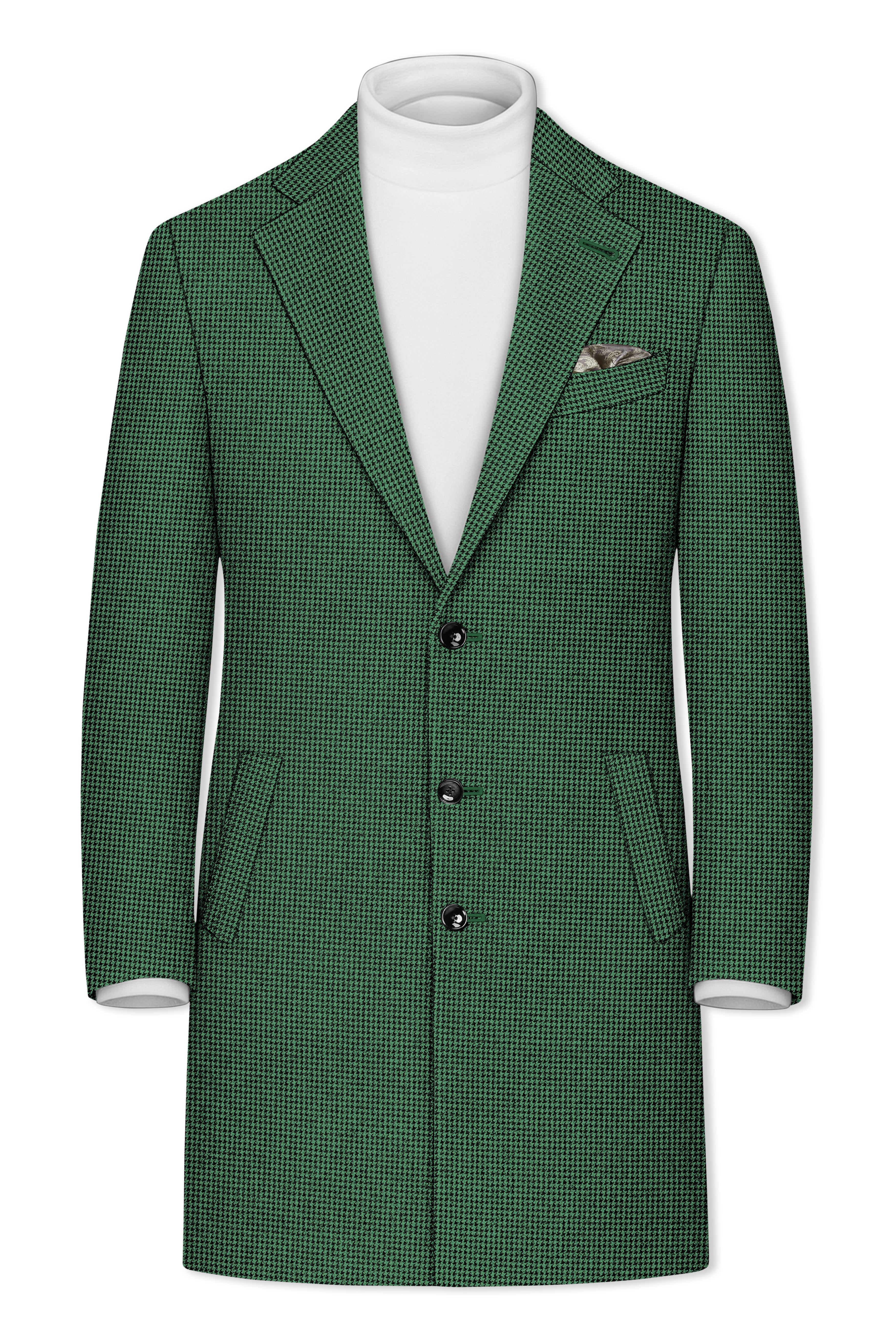 Regent-Plantation Green Classic Houndstooth Textured Tweed Single Breasted Overcoat With Pant