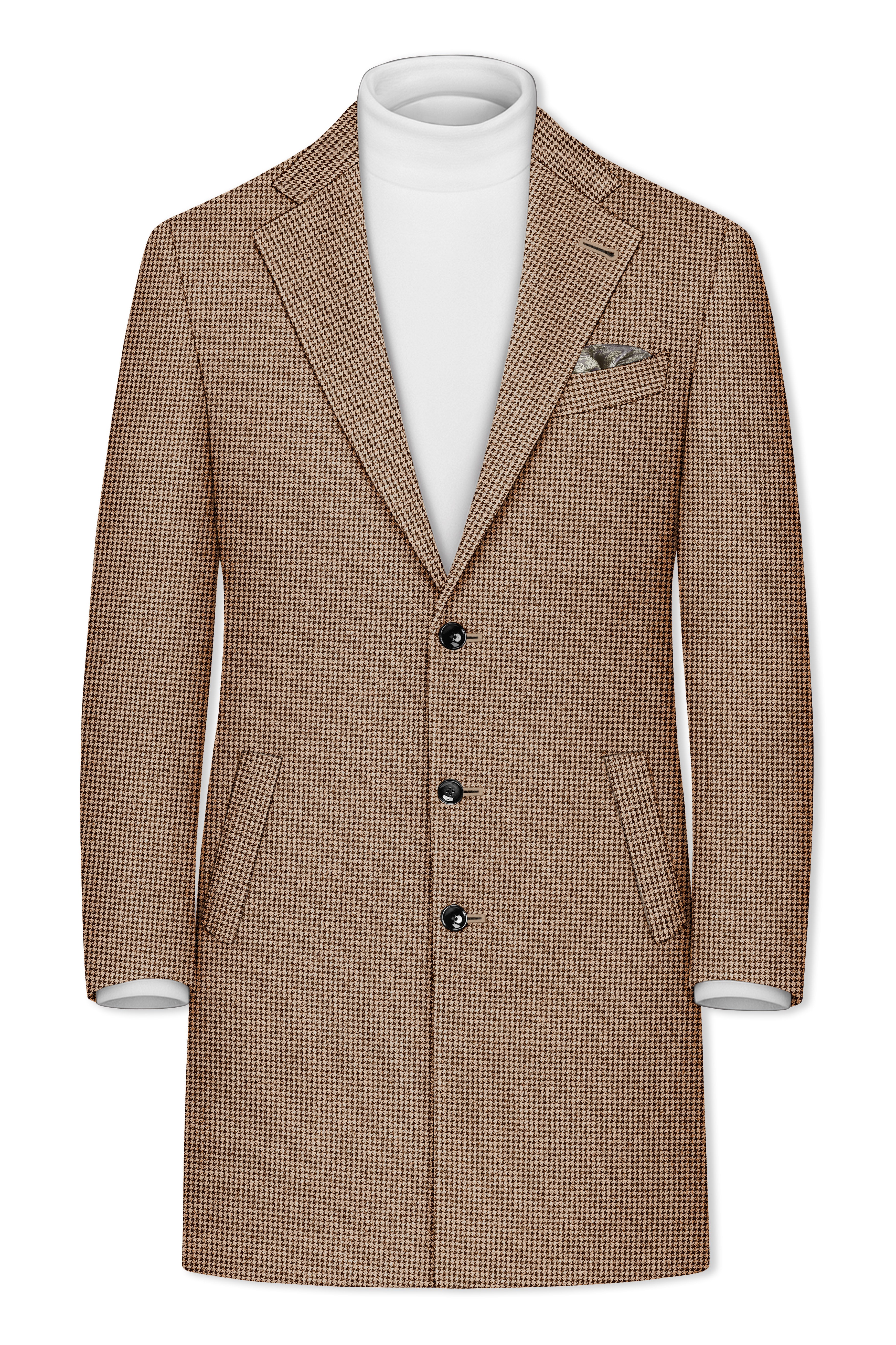 Scholar-Mocha Brown Classic Houndstooth Textured Tweed Single Breasted Overcoat With Pant