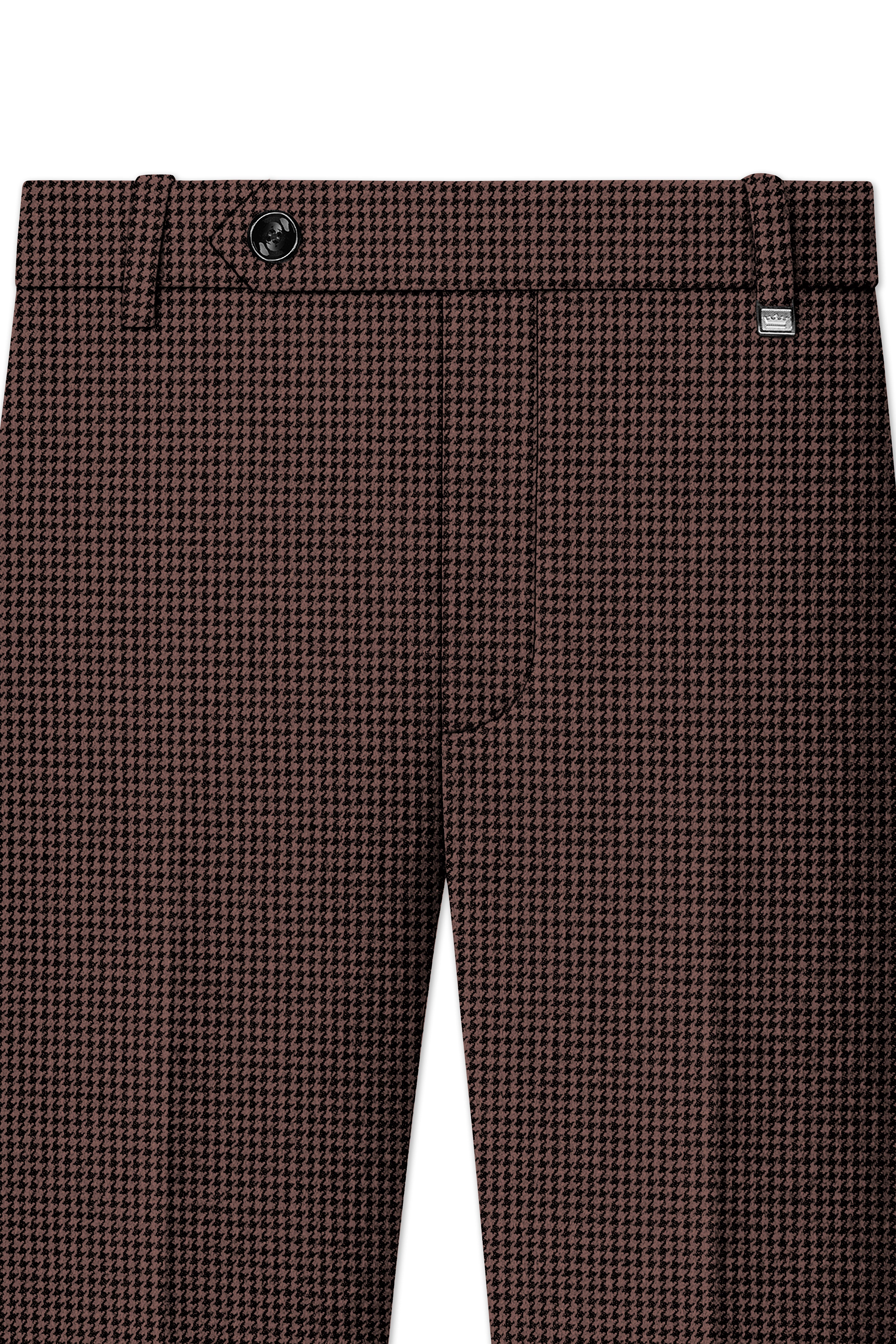 Sylvan-Woody Brown Classic Houndstooth Textured Tweed Single Breasted Overcoat With Pant