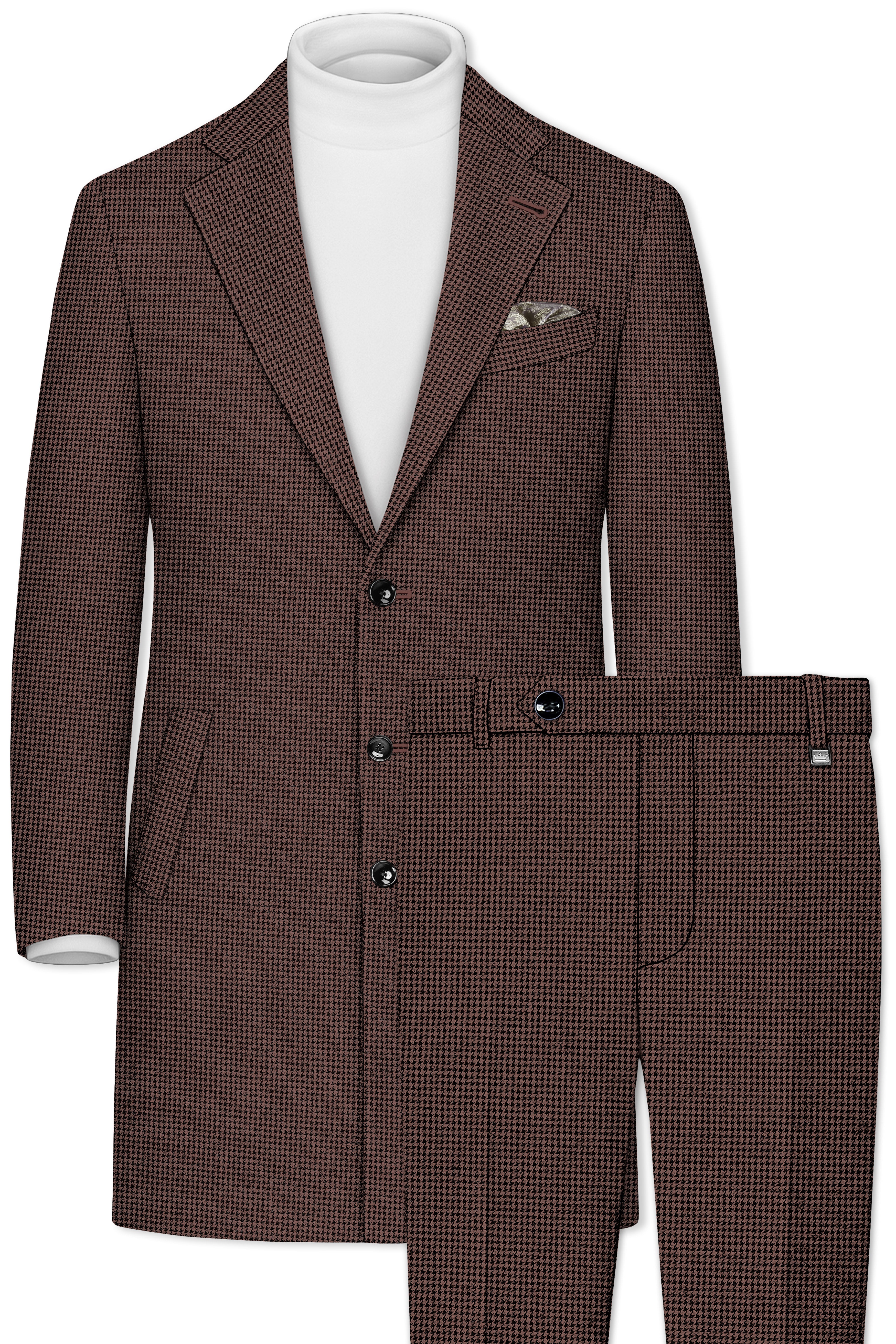 Sylvan-Woody Brown Classic Houndstooth Textured Tweed Single Breasted Overcoat With Pant