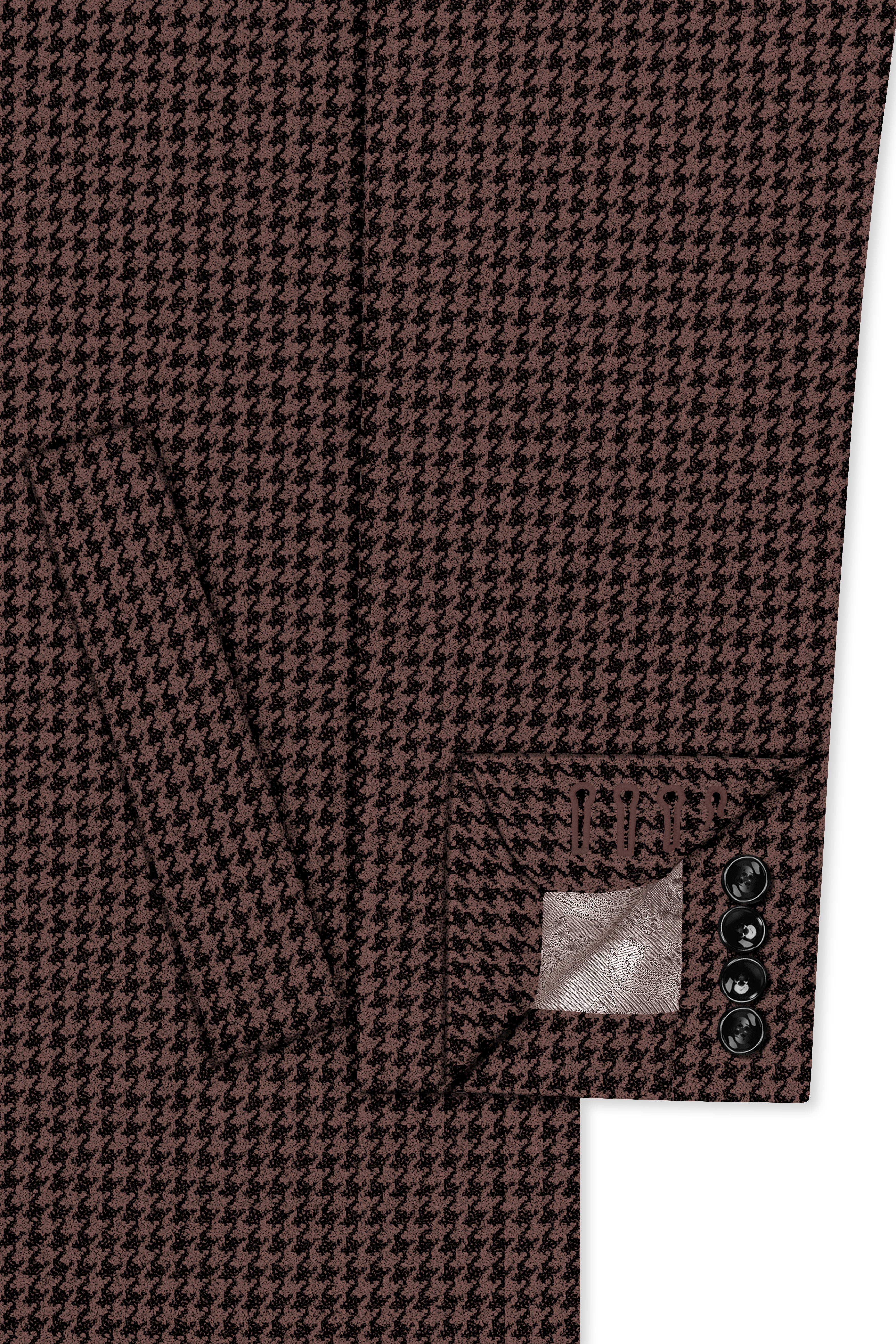 Sylvan-Woody Brown Classic Houndstooth Textured Tweed Single Breasted Overcoat With Pant