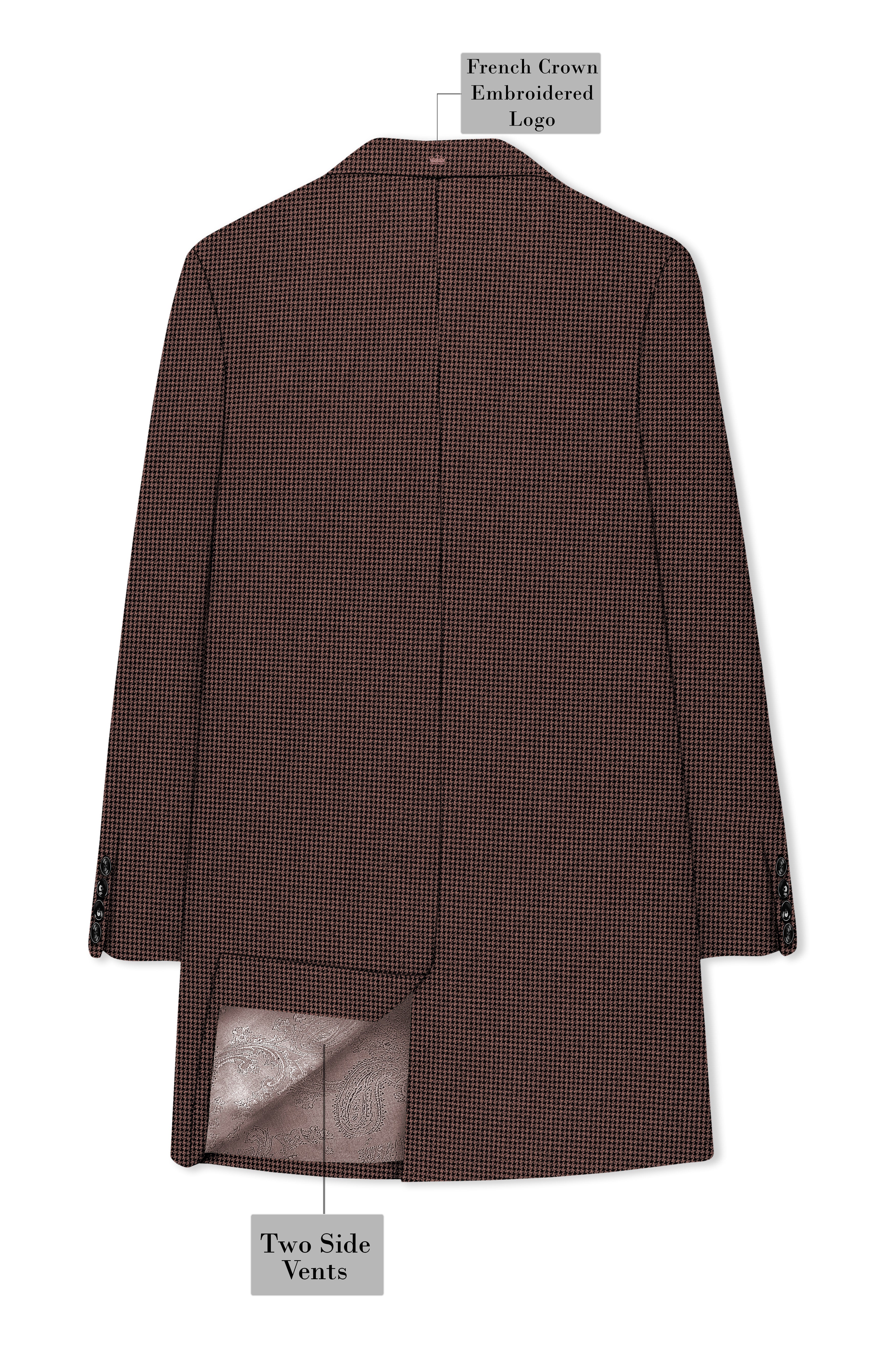 Sylvan-Woody Brown Classic Houndstooth Textured Tweed Single Breasted Overcoat With Pant