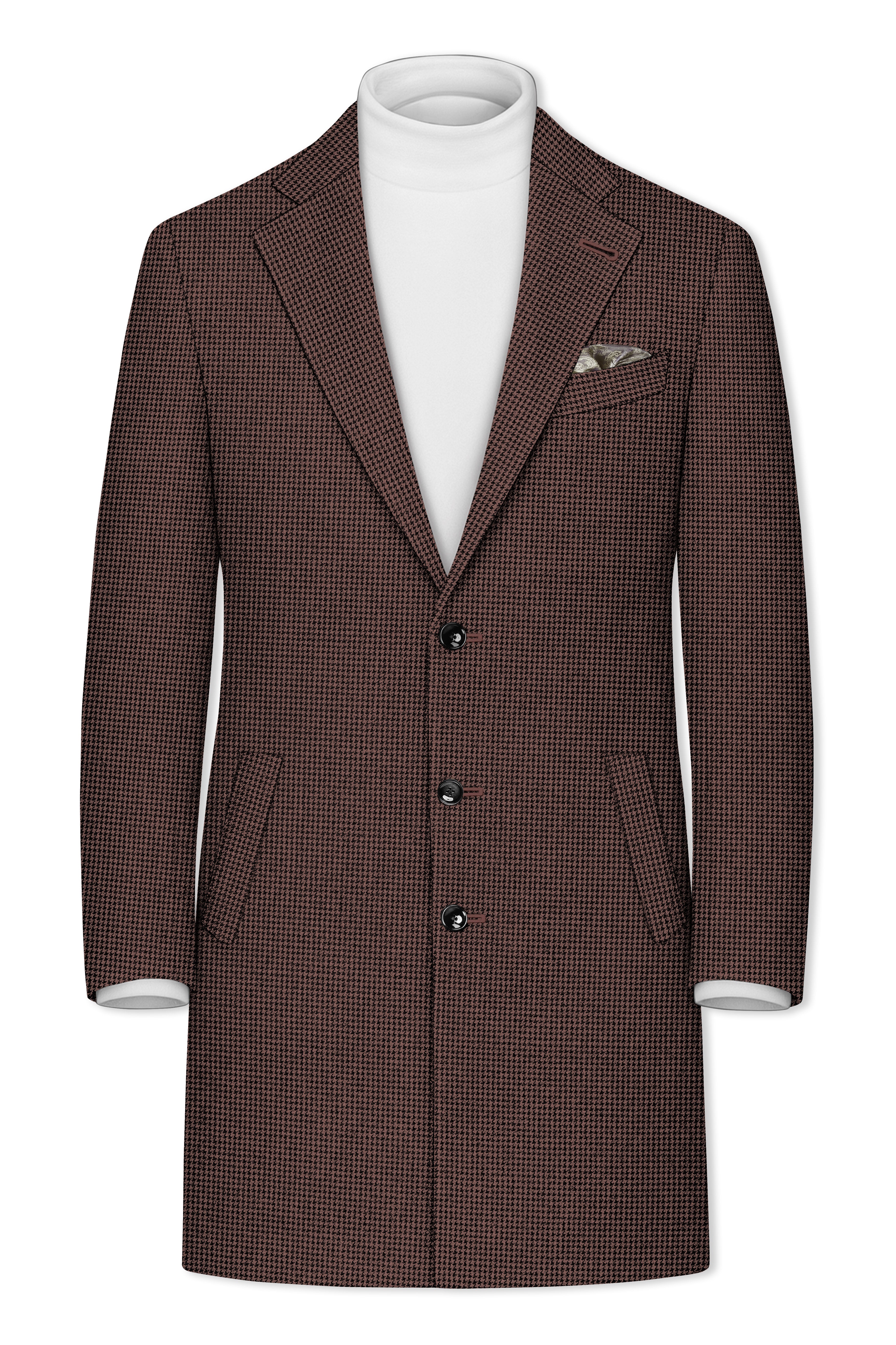 Sylvan-Woody Brown Classic Houndstooth Textured Tweed Single Breasted Overcoat With Pant