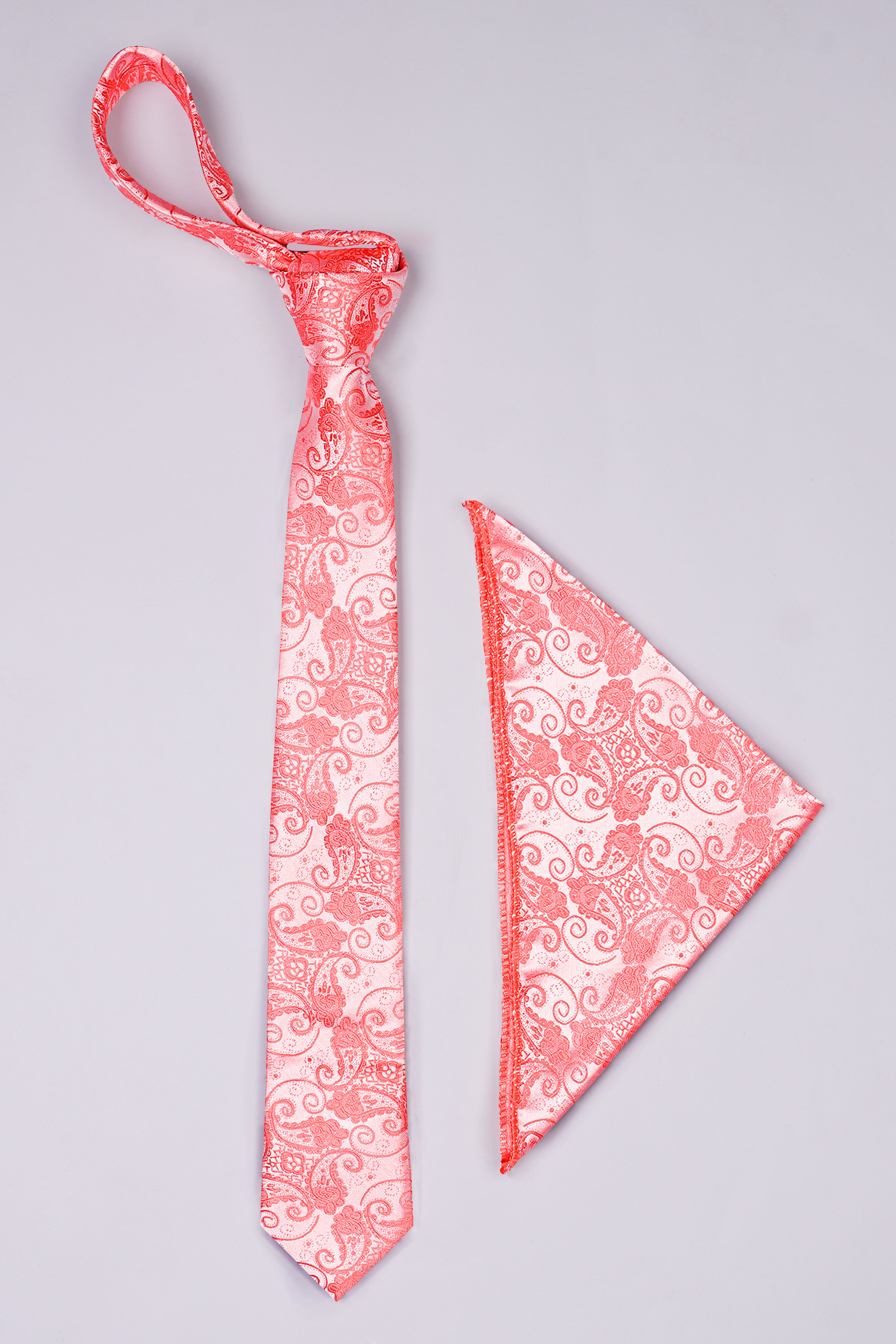 Geraldine Pink with Peach Paisley Jacquard Tie with Pocket Square TP044