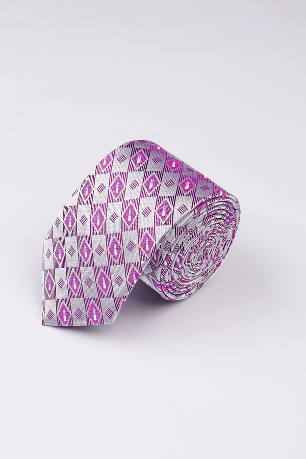 Mischka Gray with Plum Purple Jacquard Tie with Pocket Square