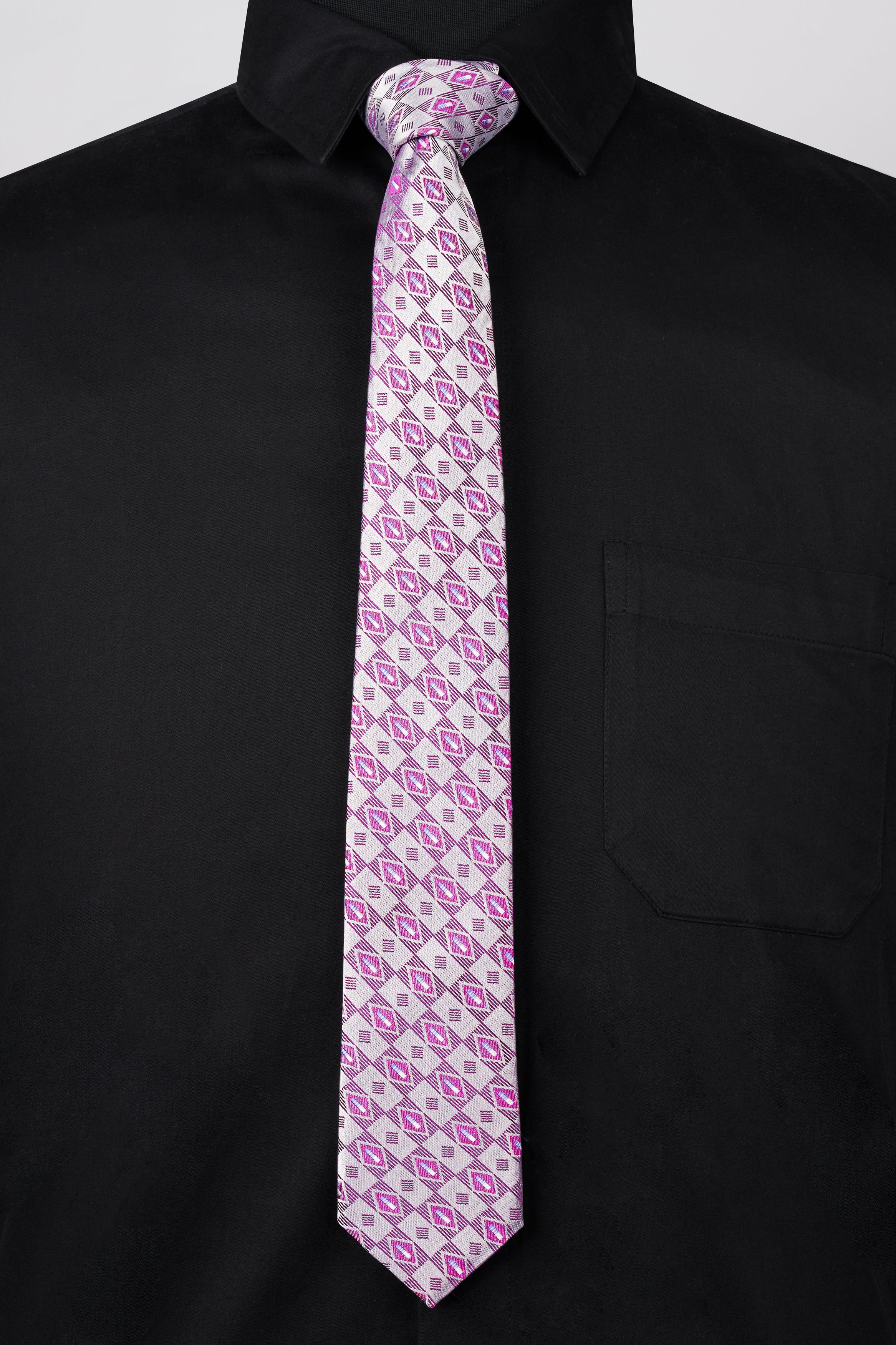 Mischka Gray with Plum Purple Jacquard Tie with Pocket Square TP045