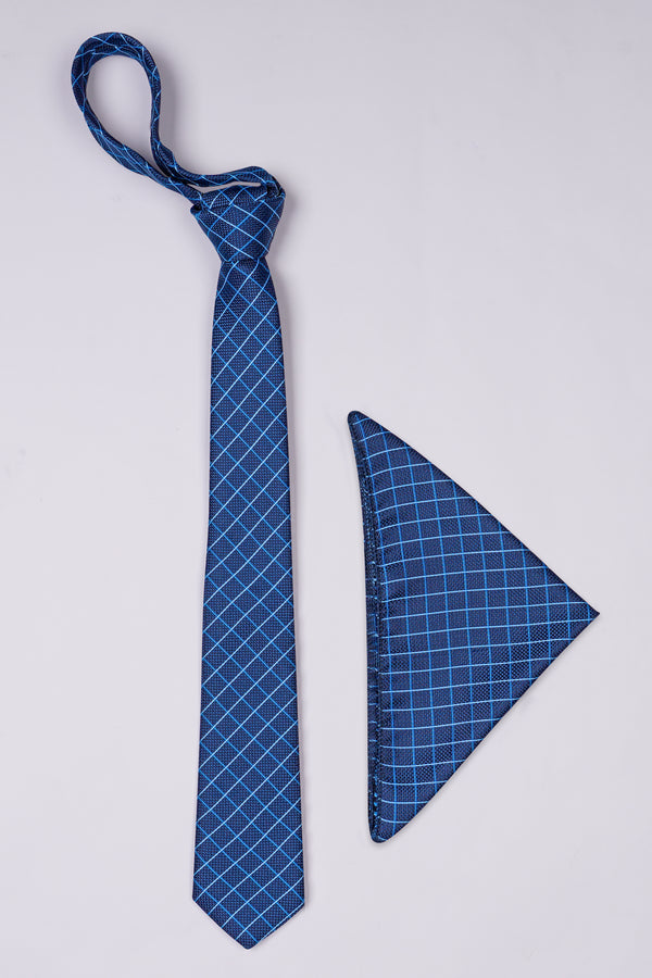 Lapis Blue Checkered Jacquard Tie with Pocket Square