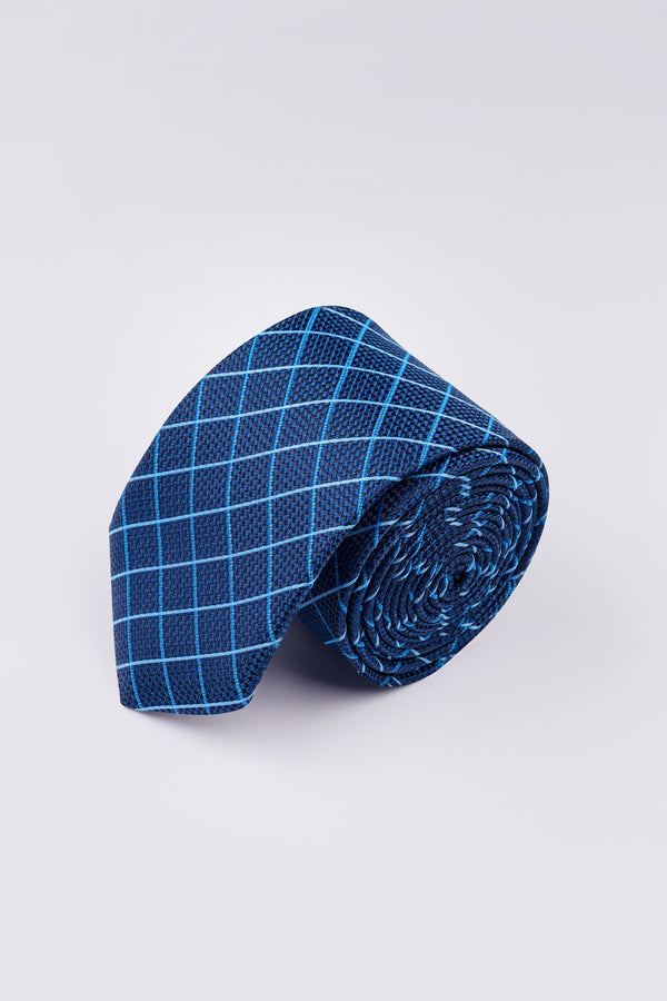 Lapis Blue Checkered Jacquard Tie with Pocket Square