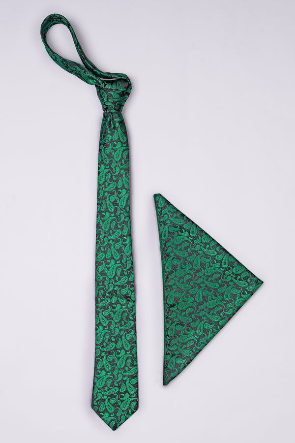 Jade Black with Meadow Green Paisley Jacquard Tie with Free Pocket Square
