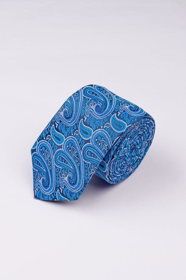 Medium Persian Blue and White Paisley Jacquard Tie with Pocket Square