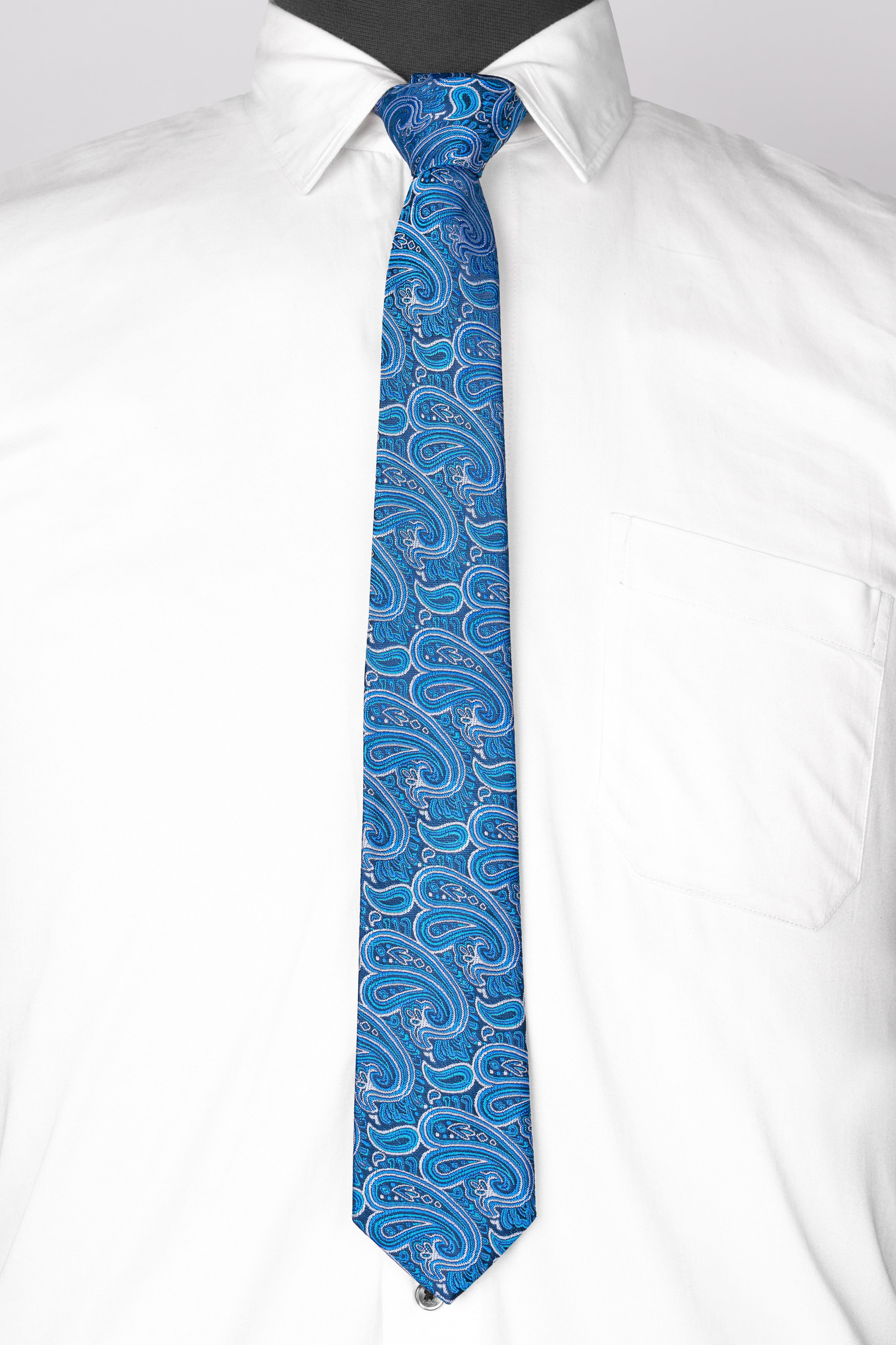 Medium Persian Blue and White Paisley Jacquard Tie with Pocket Square  TP050