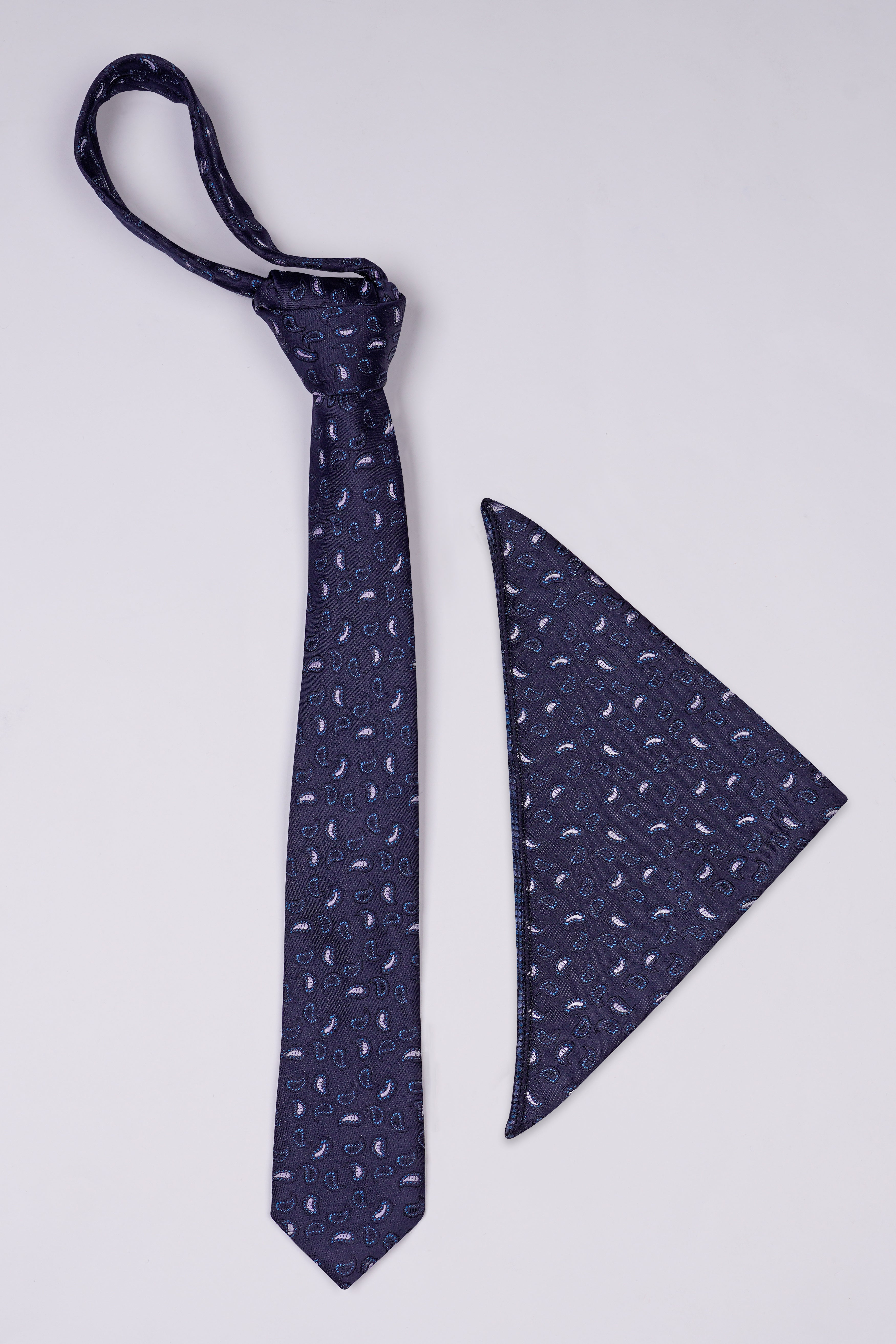 Martinique Navy Blue and White Paisley Jacquard Tie with Pocket Square  TP051