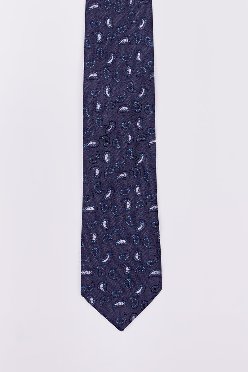 MARTINIQUE NAVY BLUE AND WHITE PAISLEY JACQUARD TIE WITH POCKET SQUARE