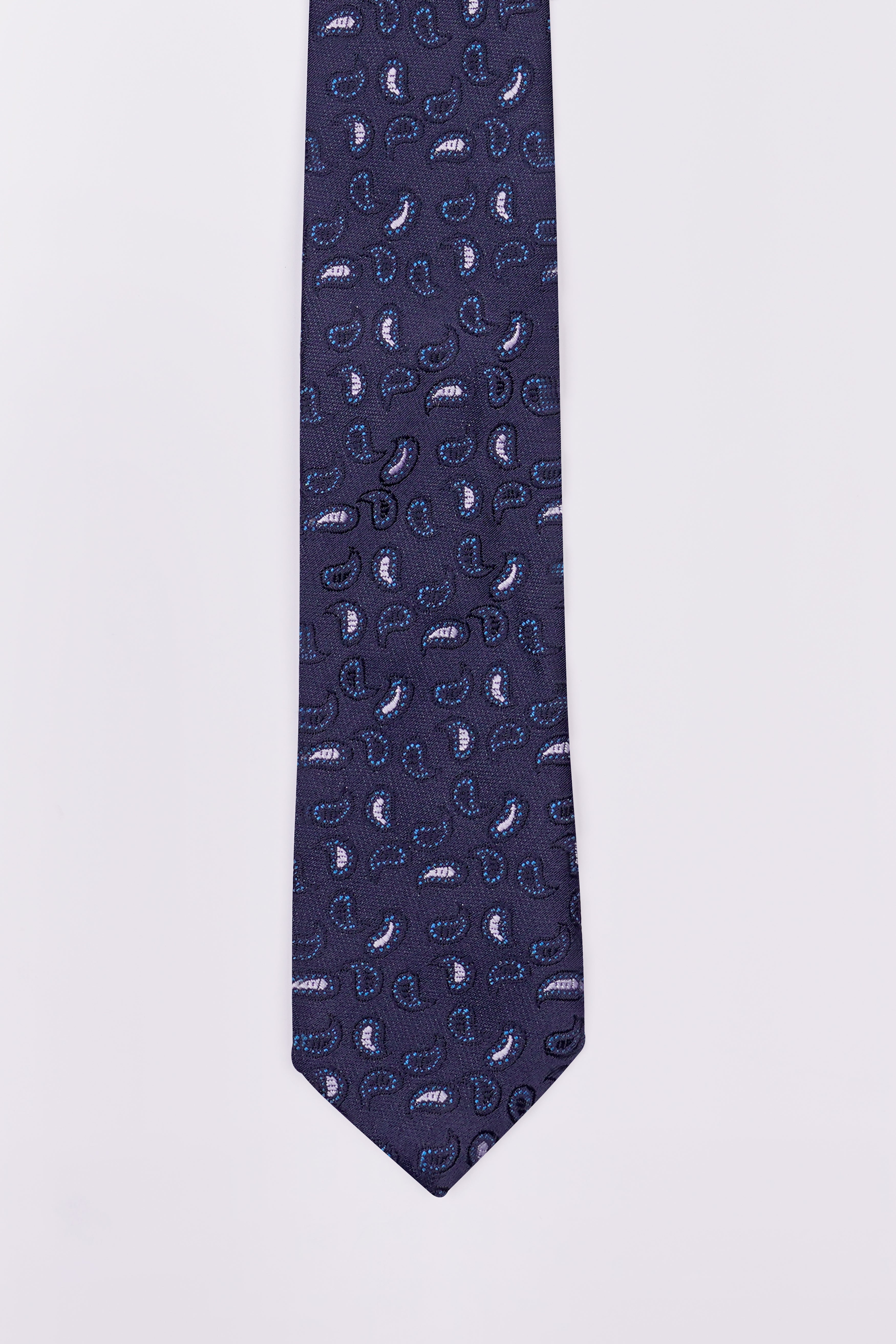 Martinique Navy Blue and White Paisley Jacquard Tie with Pocket Square  TP051