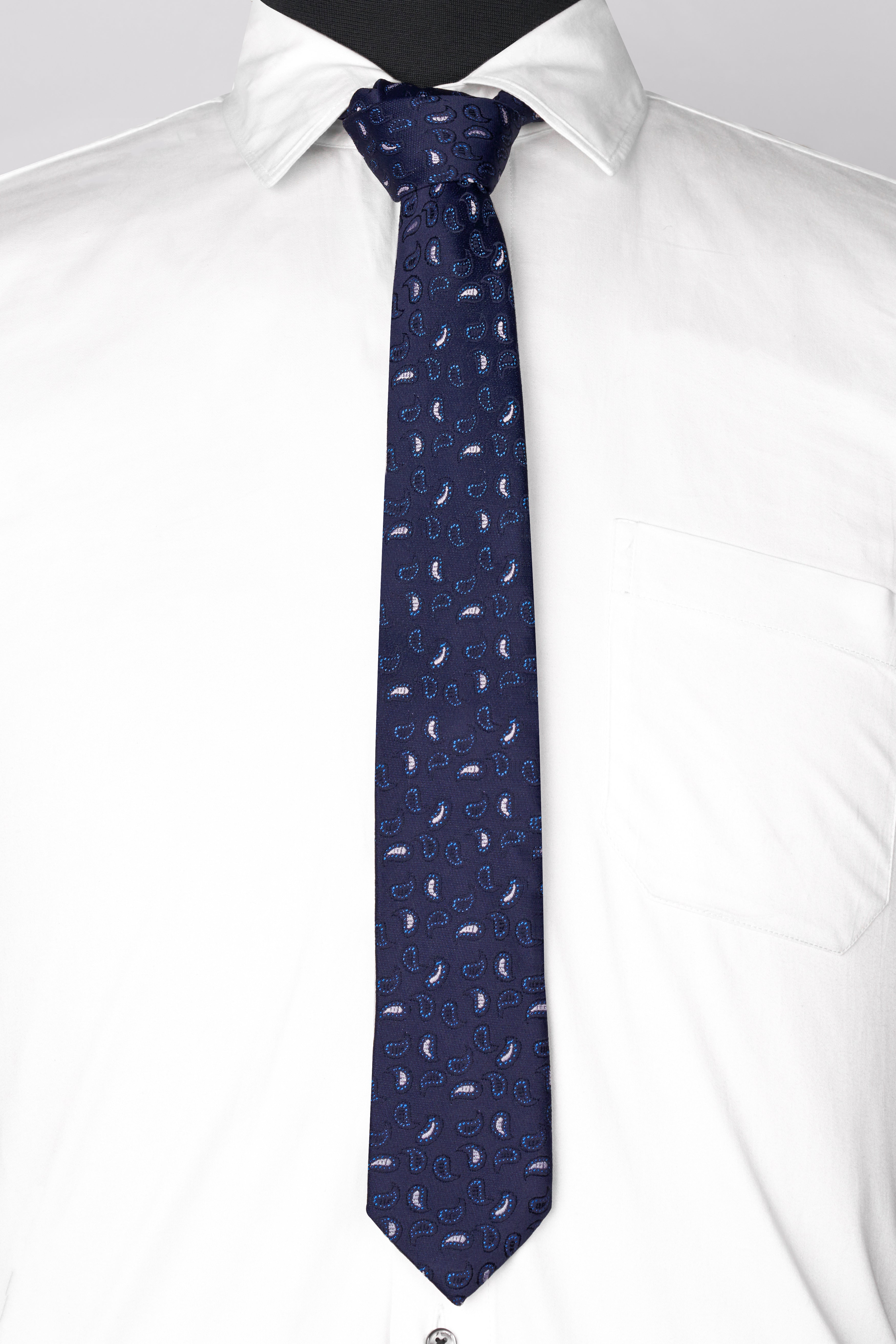 Martinique Navy Blue and White Paisley Jacquard Tie with Pocket Square