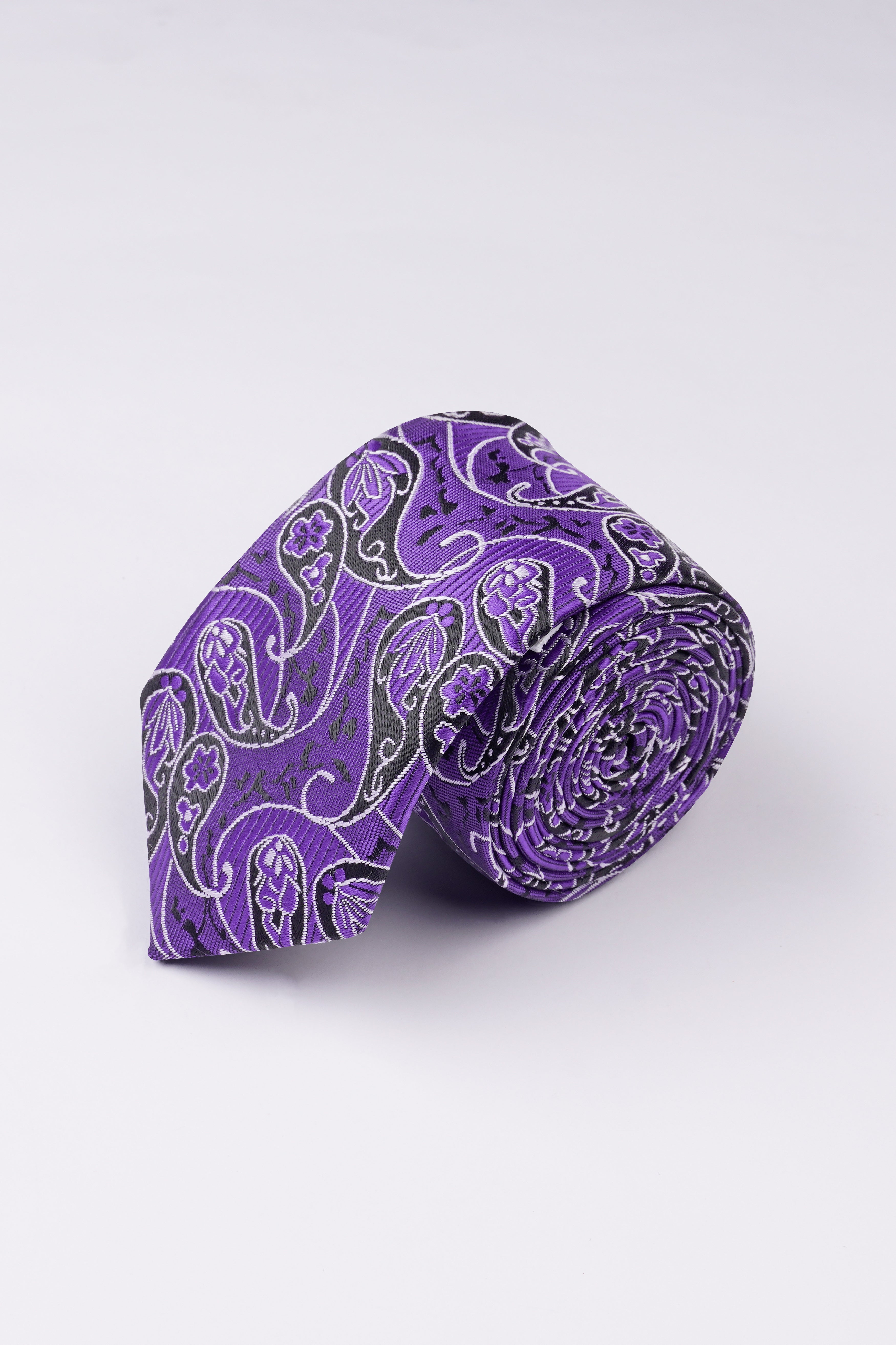 Scampi Purple with Black and White Paisley Jacquard Tie with Pocket Square  TP052