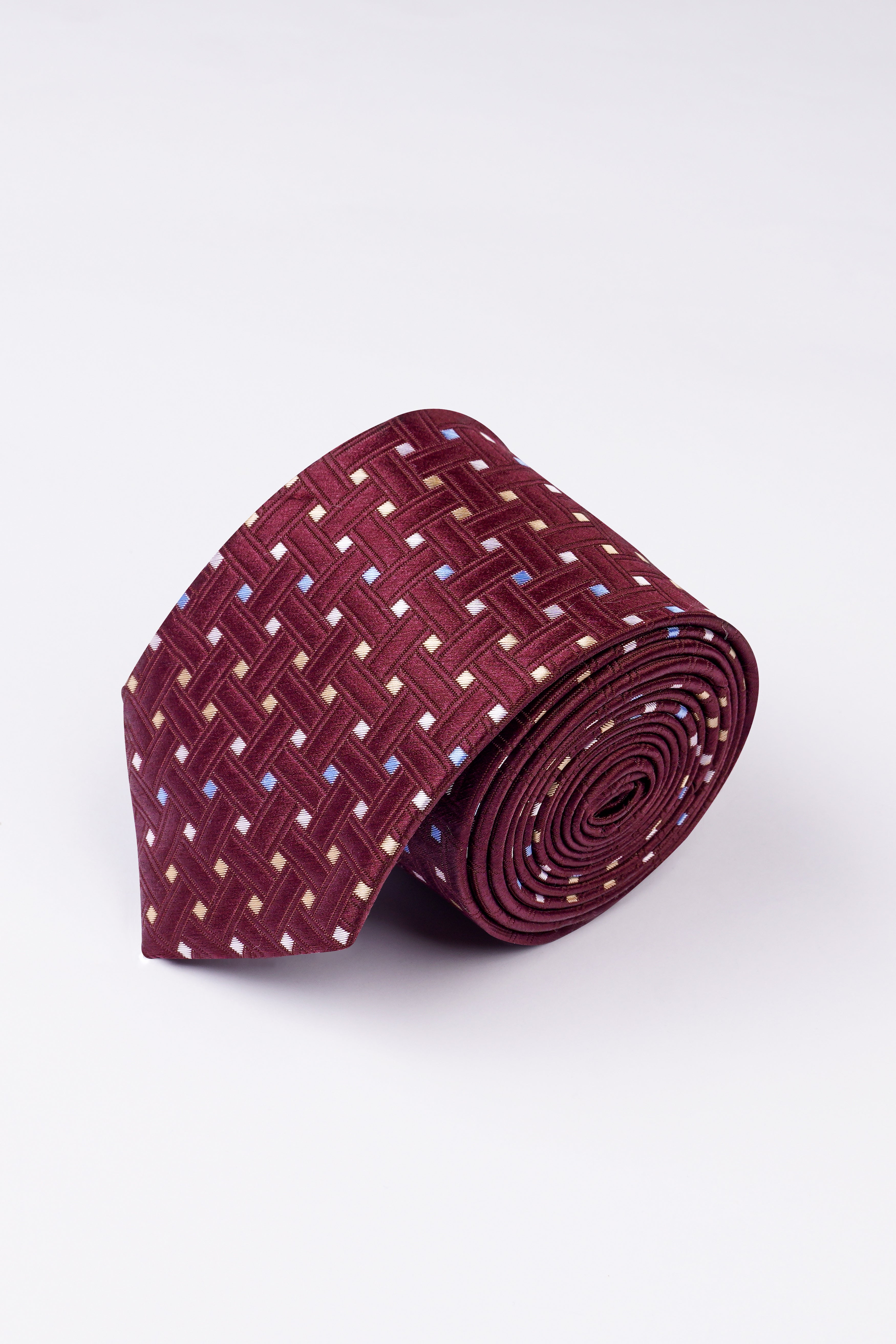 Wine with Iceberg Sky Blue and Albescent Beige Geometric Textured Jacquard Tie with Pocket Square  TP053