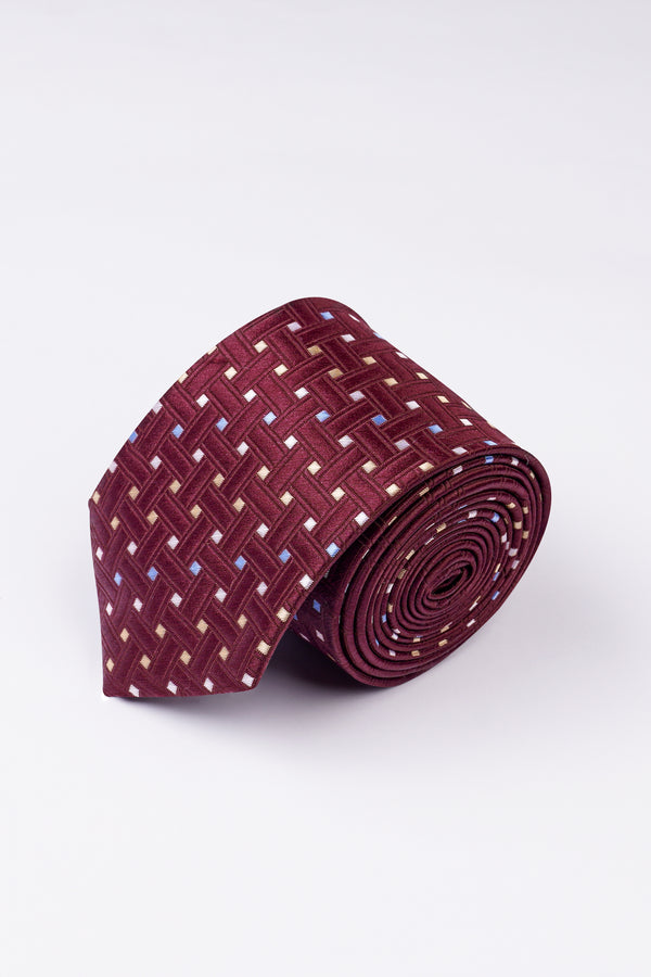 Wine with Iceberg Blue and Albescent Beige Geometric Textured Jacquard Tie with Pocket Square
