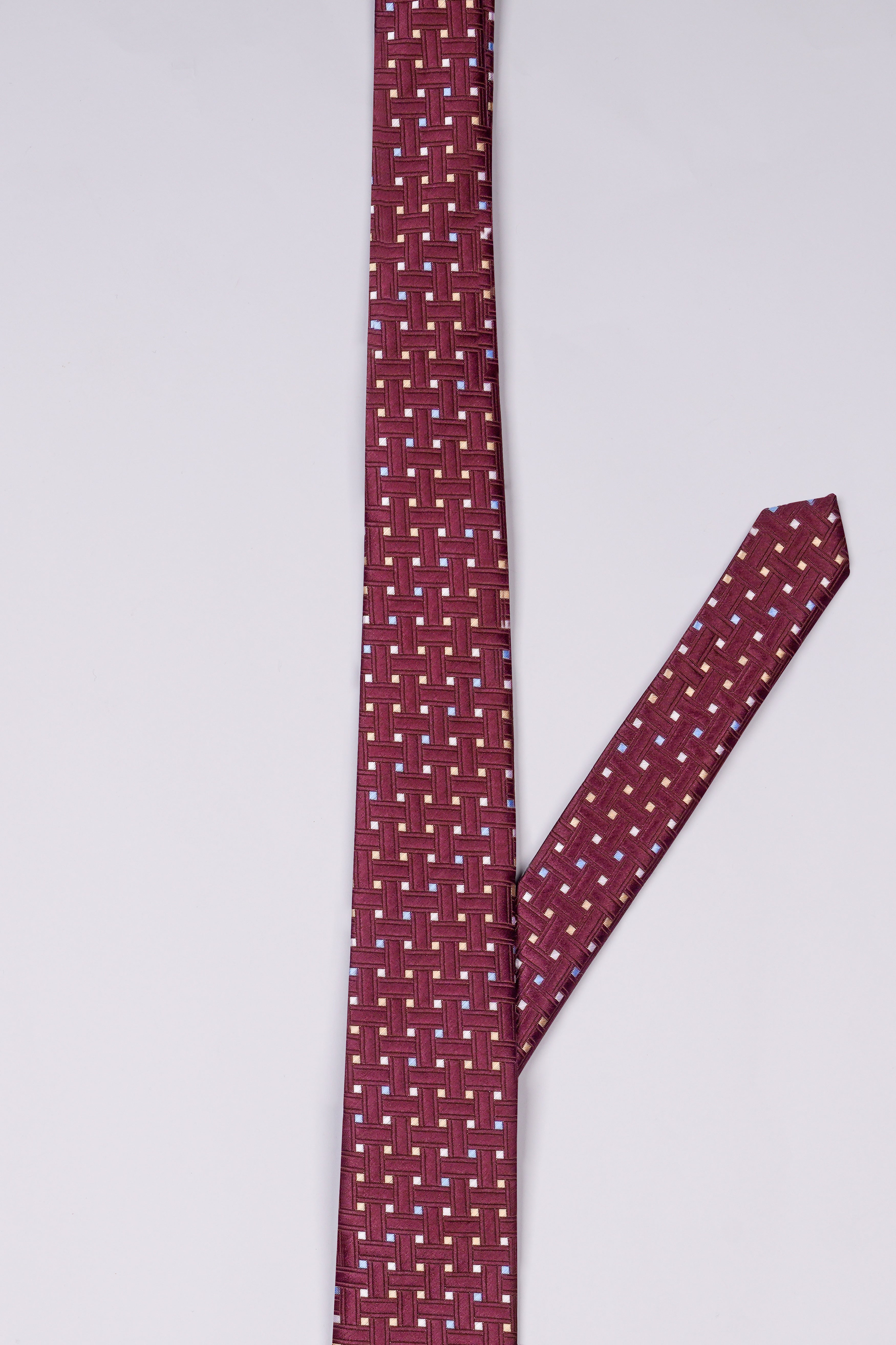 Wine with Iceberg Sky Blue and Albescent Beige Geometric Textured Jacquard Tie with Pocket Square  TP053