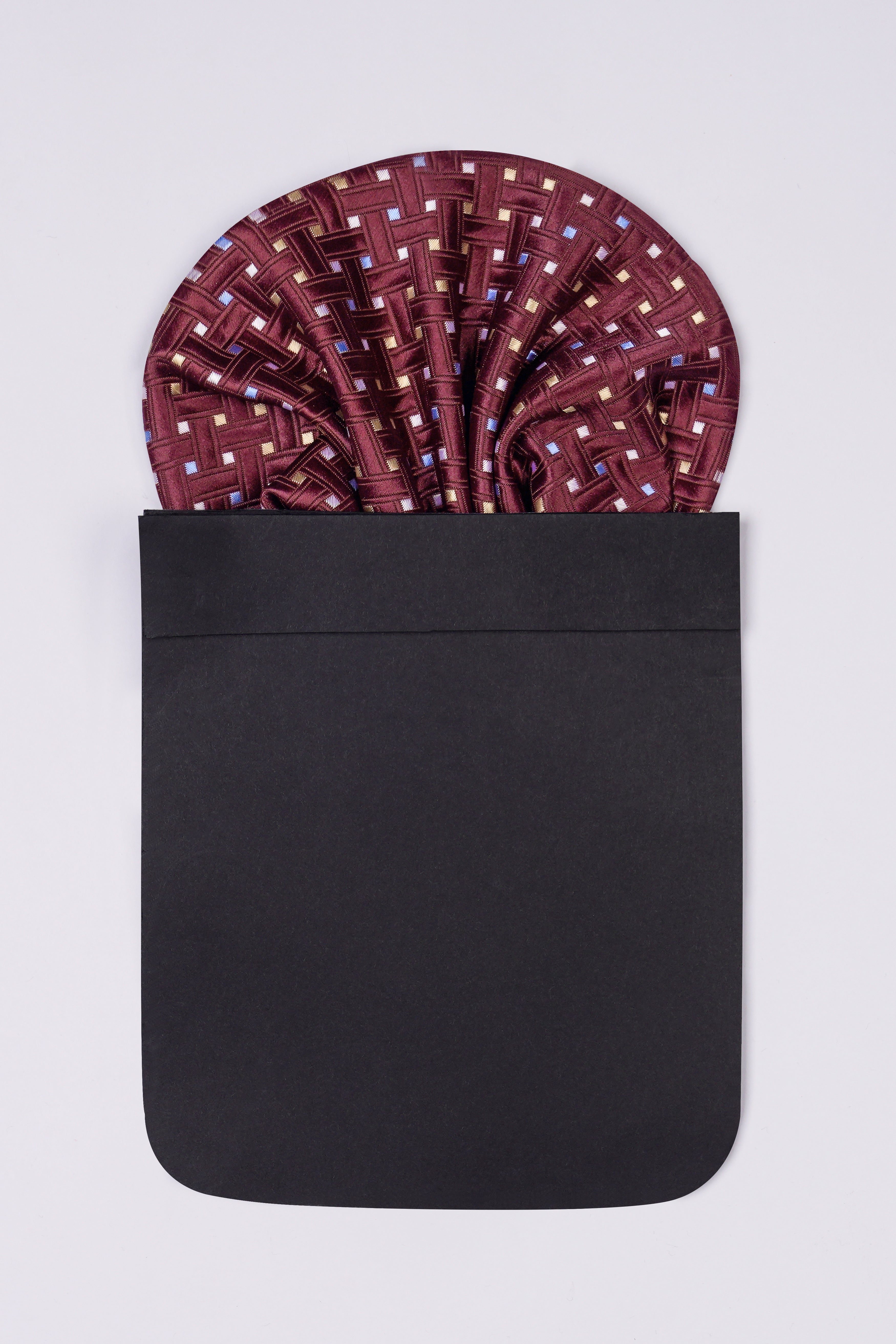 Wine with Iceberg Sky Blue and Albescent Beige Geometric Textured Jacquard Tie with Pocket Square  TP053